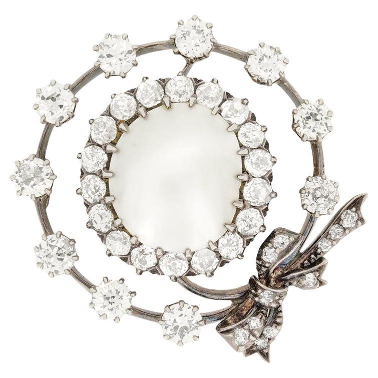Victorian 4.55ct Diamond and Pearl Brooch, c.1880s For Sale