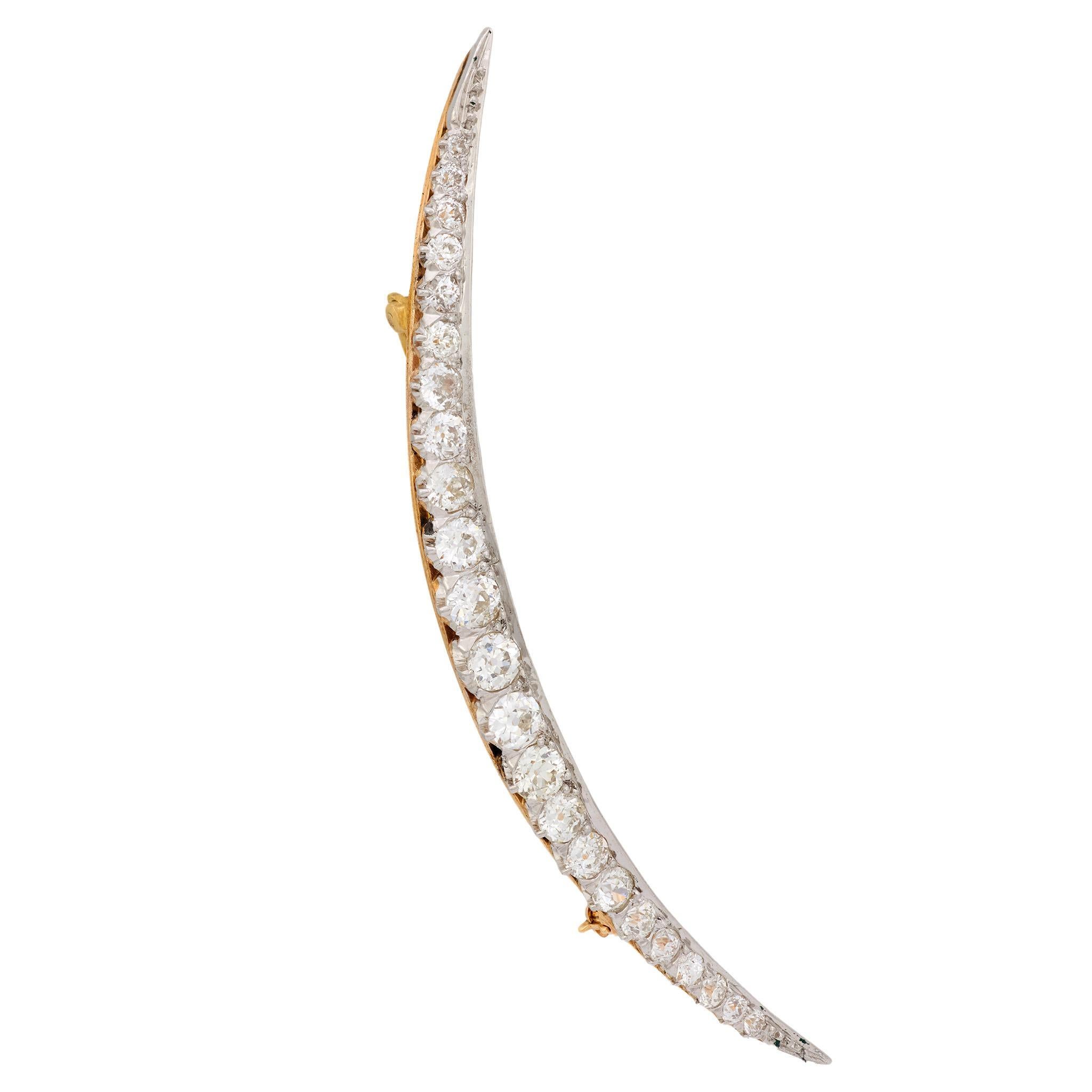 Broche victorienne en or jaune 14k et platine avec croissant et diamant de 4,60 carats