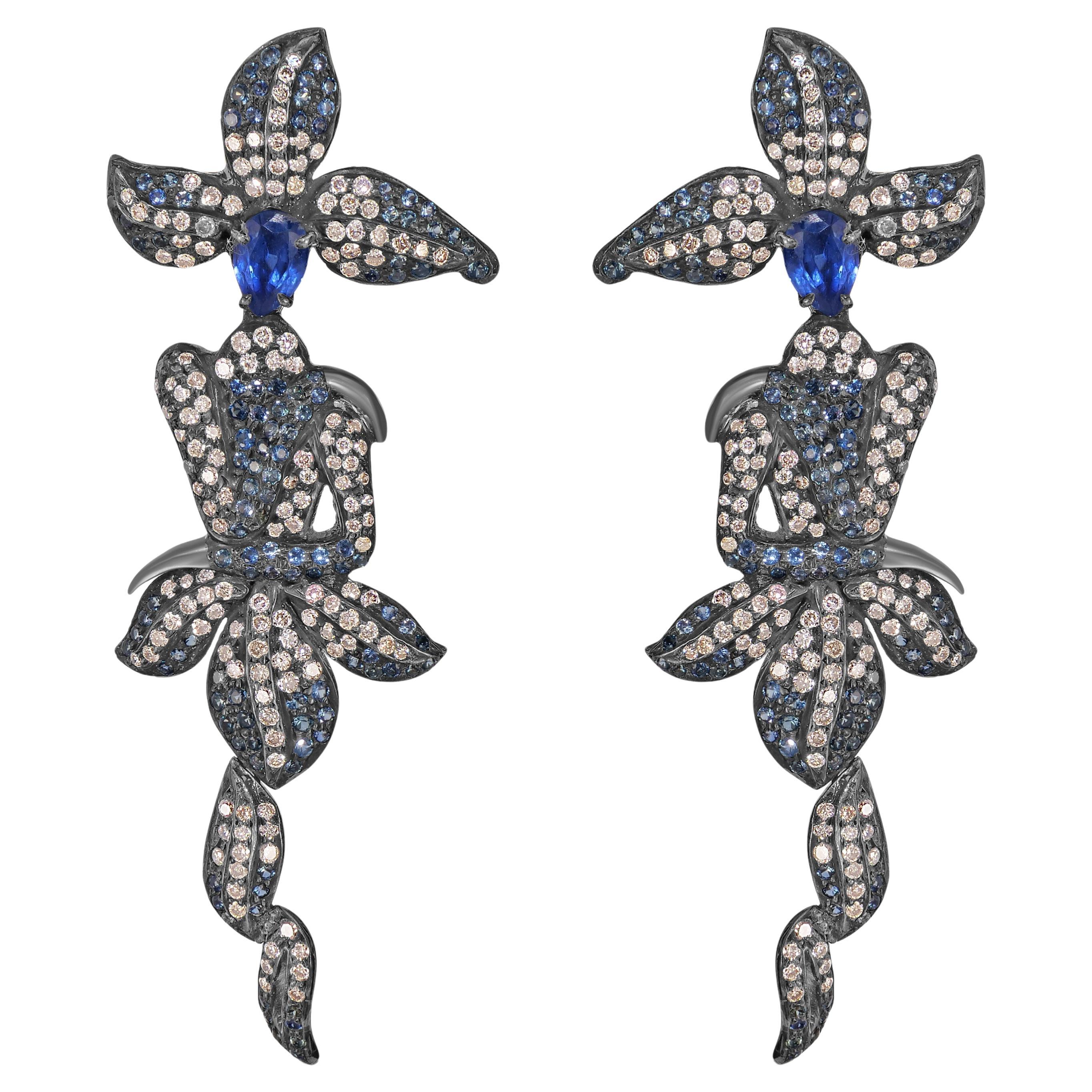 Viktorianisch 4.64Cttw. Chandelier-Blatt-Ohrringe aus Kyanit, Diamant und blauem Saphir  im Angebot