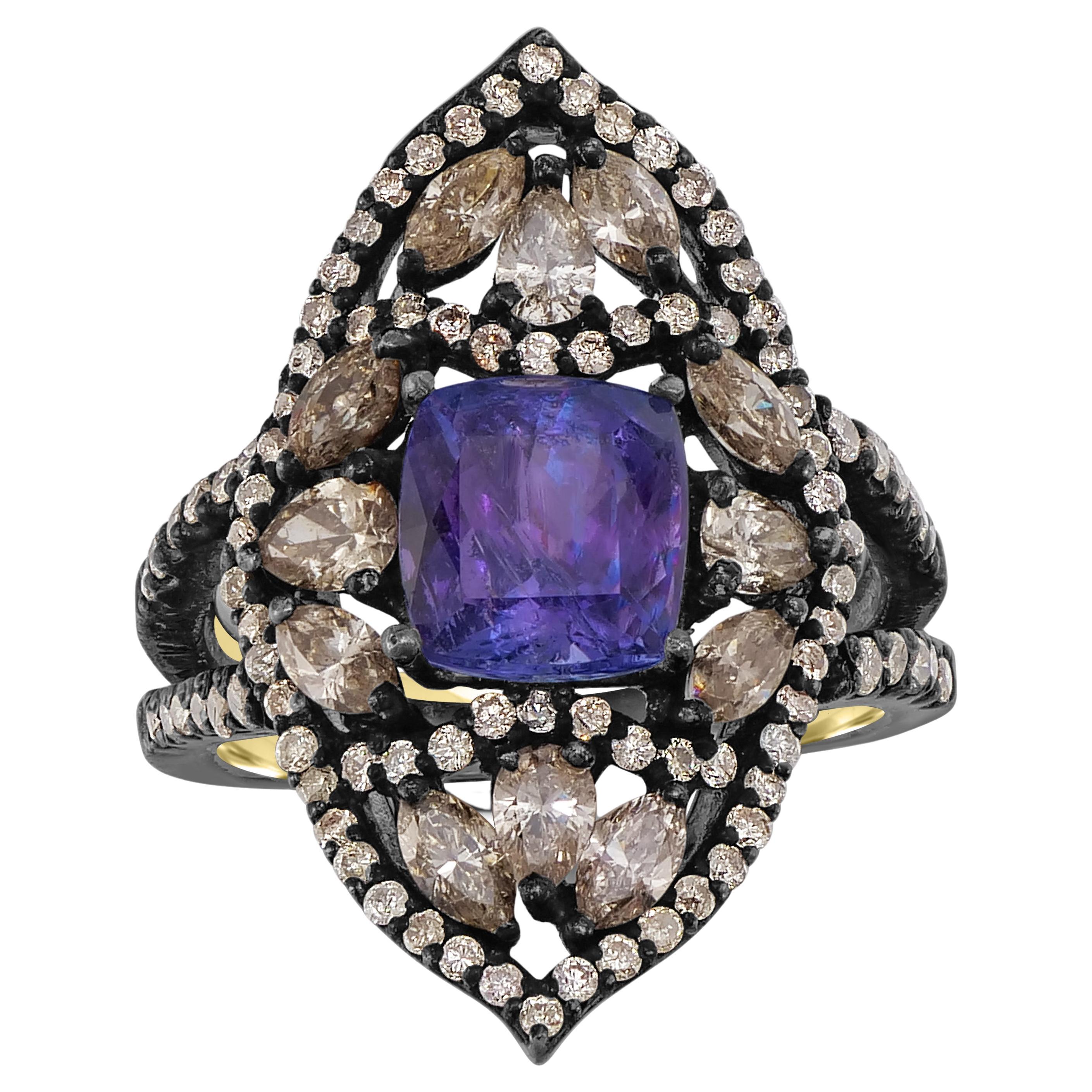 Viktorianischer Ring mit offenem, geteiltem Schaft aus 4,7 Tansanit und Diamant im Angebot
