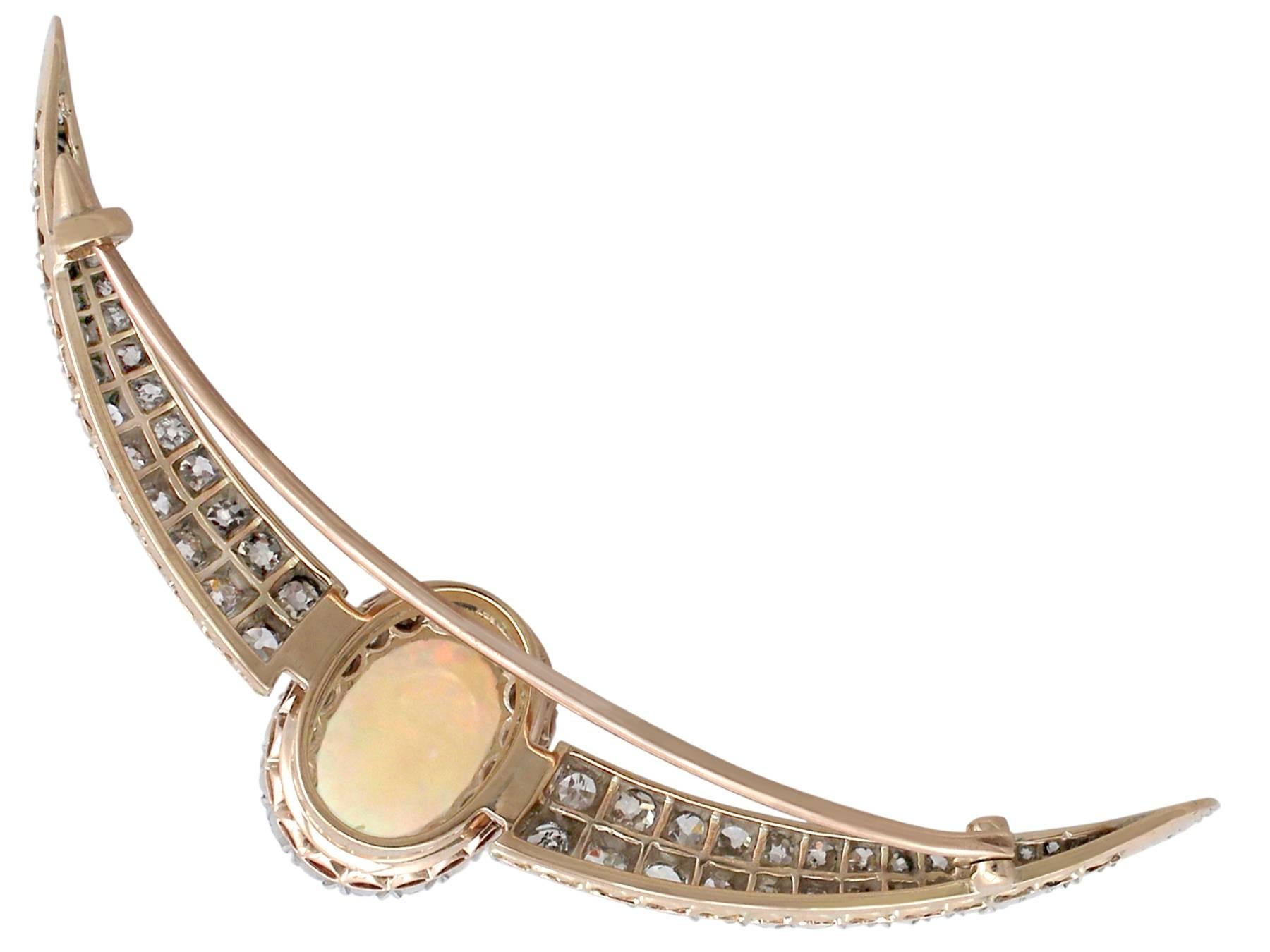 Victorian 4.75Ct Cabochon Cut Opal and 4.45Ct Diamond Gold Crescent Brooch For Sale 1