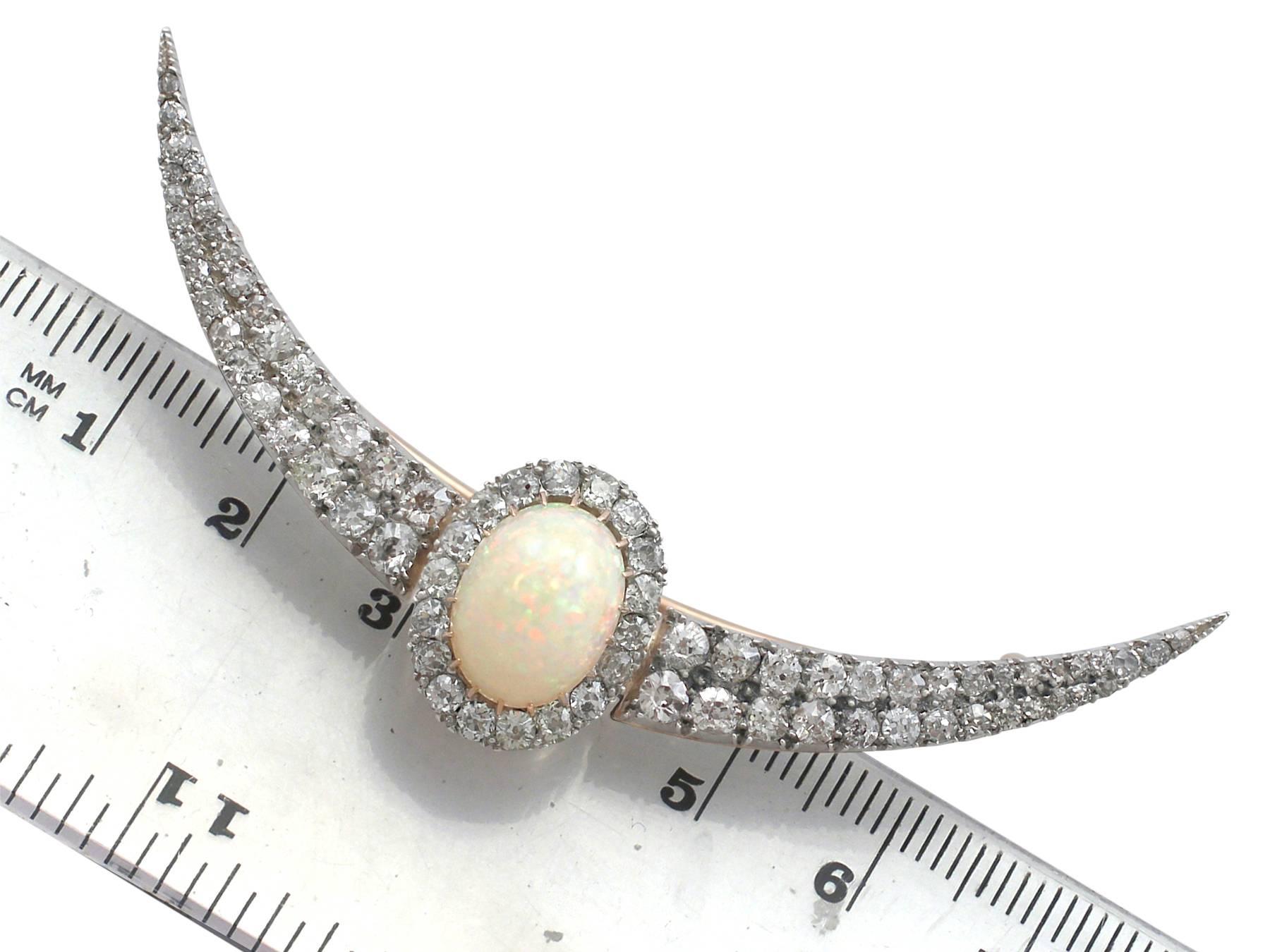 Victorian 4.75Ct Cabochon Cut Opal and 4.45Ct Diamond Gold Crescent Brooch For Sale 3