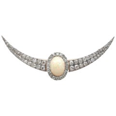 Victorian 4.75Ct Cabochon Cut Opal and 4.45Ct Diamond Gold Crescent Brooch