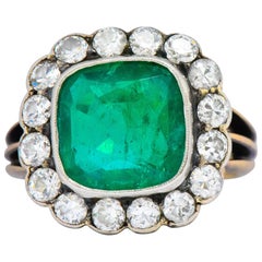 Victorian 4.85 Carat Emerald Diamond Silver-Topped 14 Karat Gold Ring circa 1880