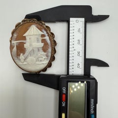 Victorian 48mm Hand-Carved Shell Cameo Brooch Depicting Mill Scene with Figure