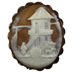 Antique Victorian 48mm Hand-Carved Shell Cameo Brooch Depicting Mill Scene with Figure