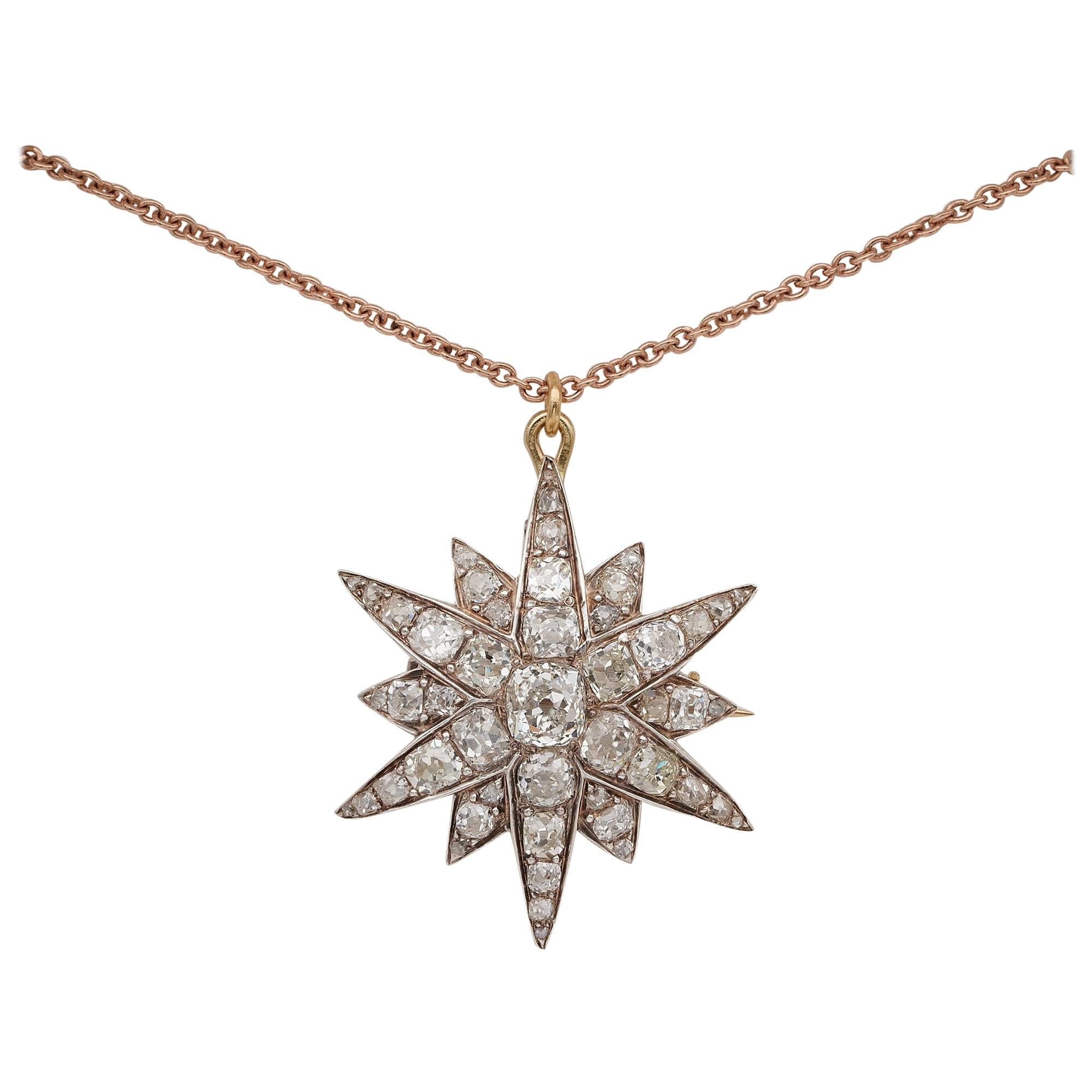 Victorian 4.90 Carat Diamond Celestial Star Brooch Pendant For Sale