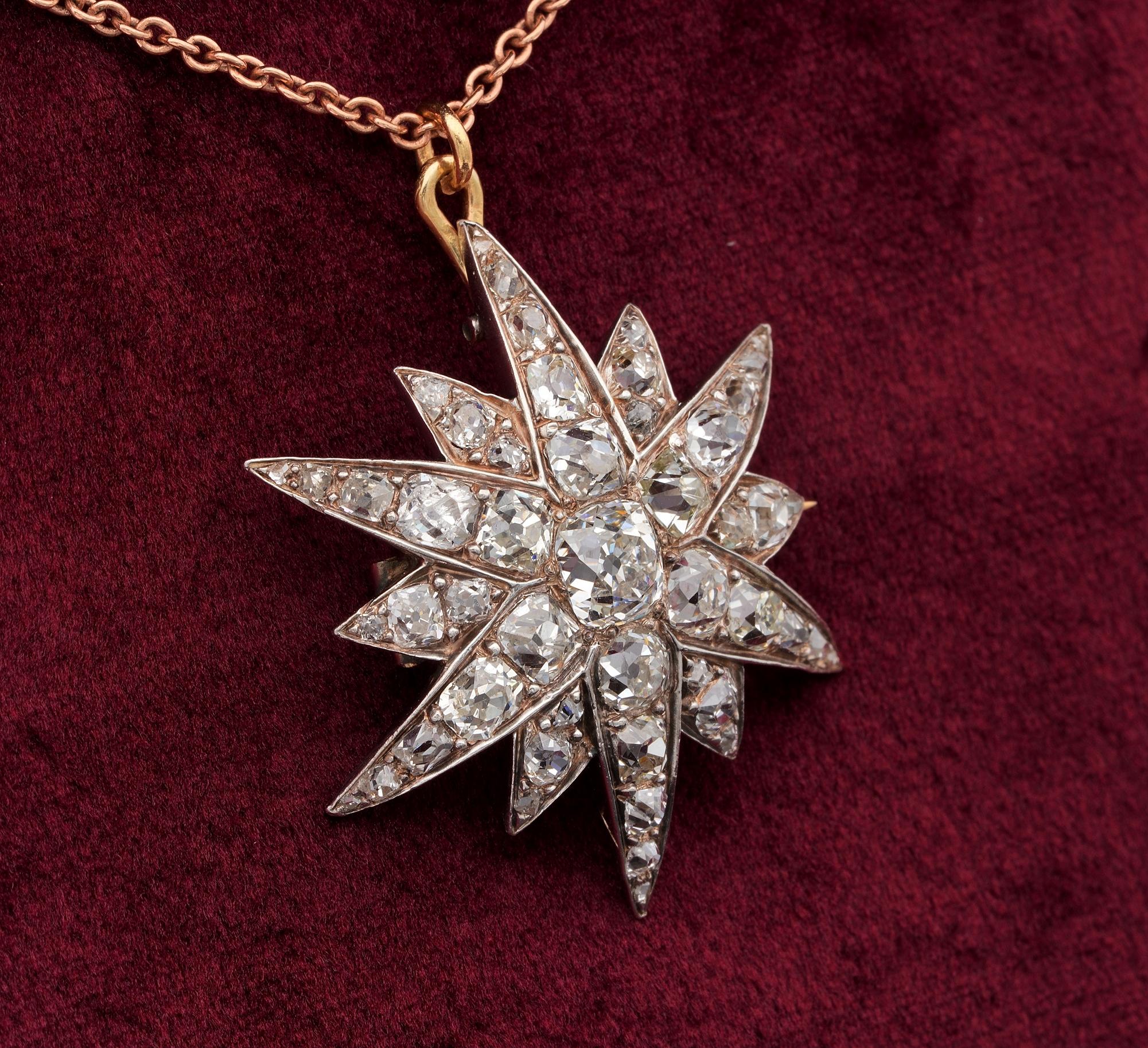 Victorian 4.90 Carat Diamond Celestial Star Brooch Pendant In Good Condition For Sale In Napoli, IT