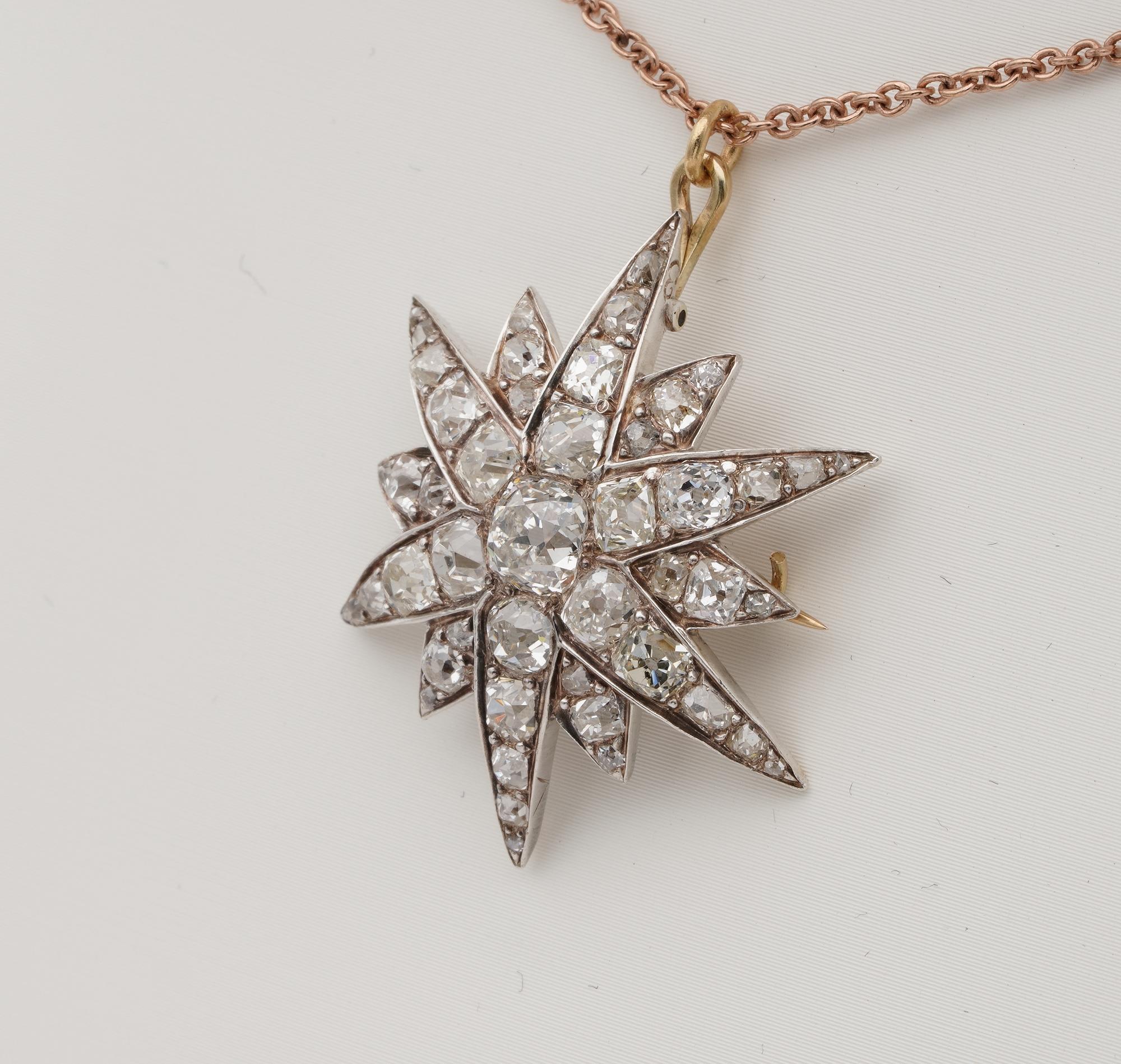 Women's Victorian 4.90 Carat Diamond Celestial Star Brooch Pendant For Sale