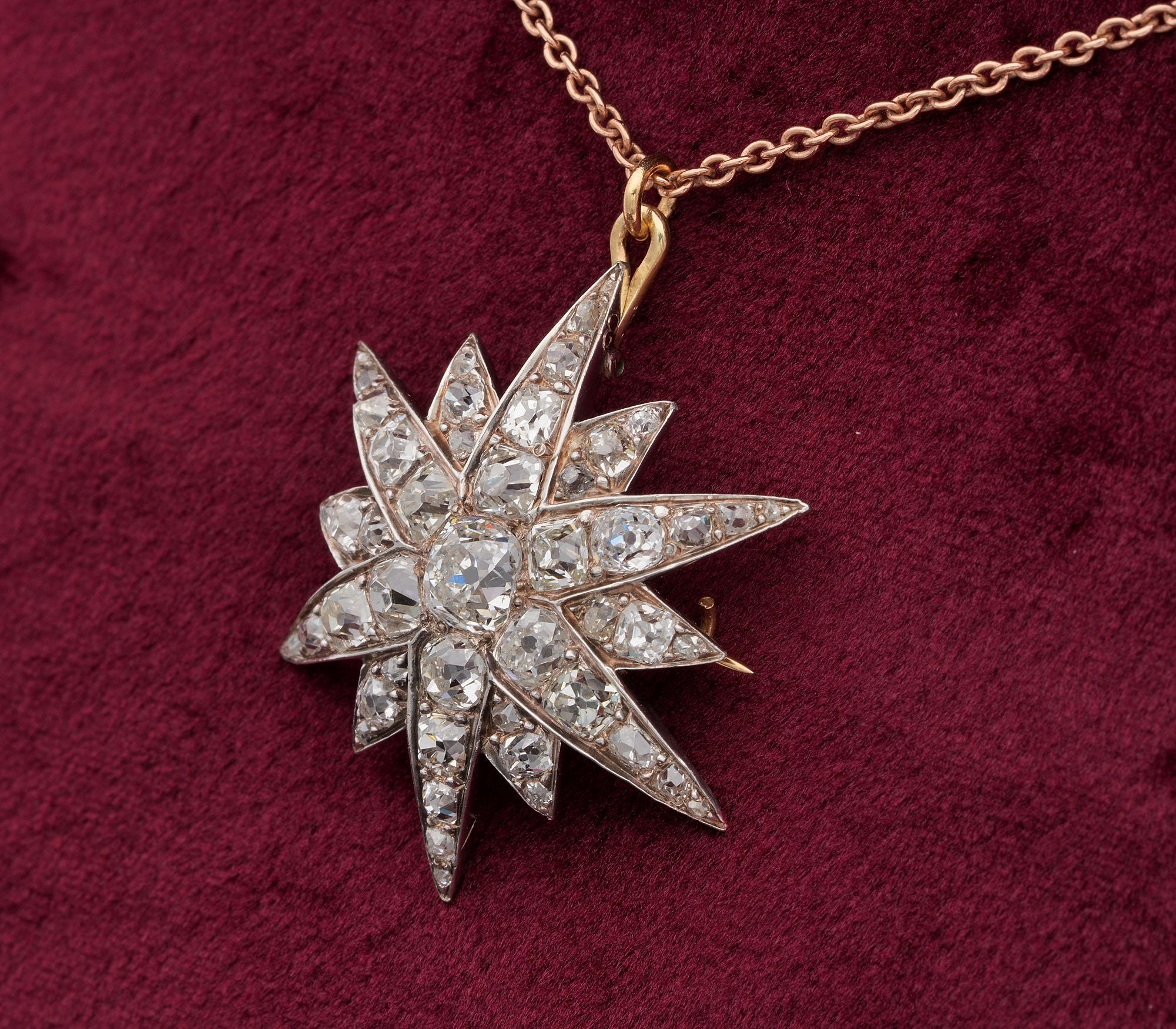 Victorian 4.90 Carat Diamond Celestial Star Brooch Pendant For Sale 1