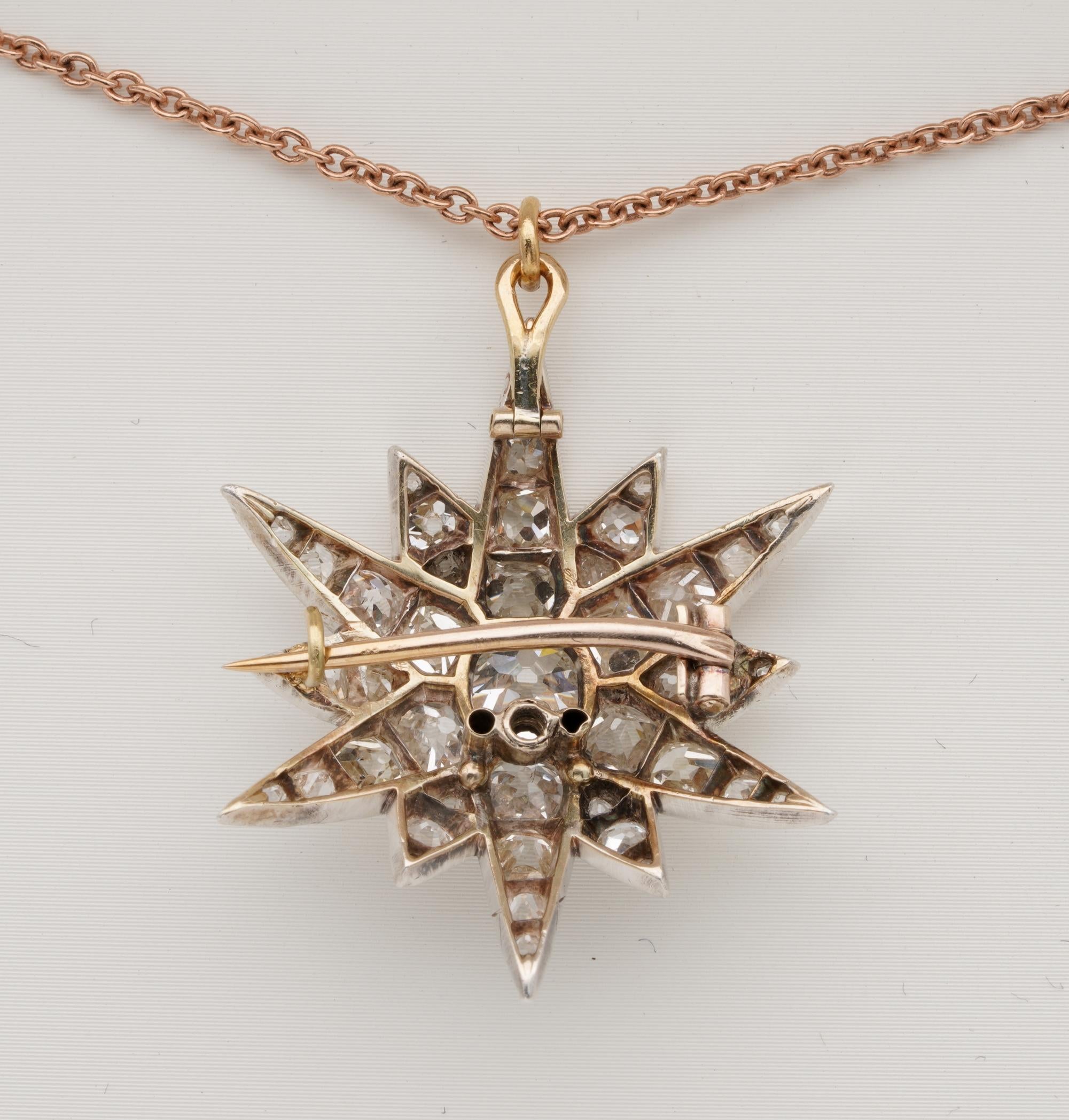 Victorian 4.90 Carat Diamond Celestial Star Brooch Pendant For Sale 2