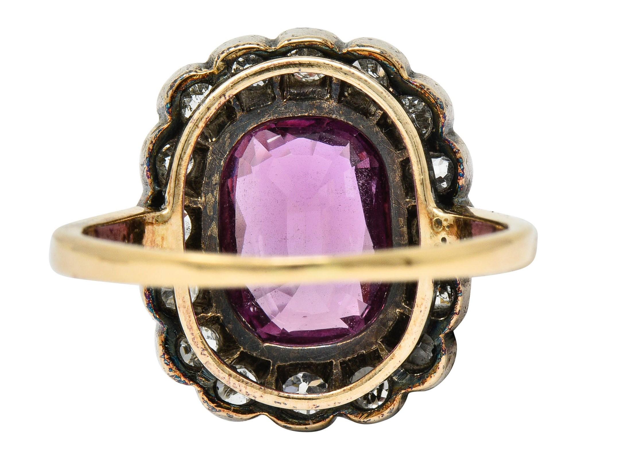 Victorian 4.95 Carat Pink Sapphire Diamond Silver 14 Karat Gold Cluster Ring In Excellent Condition In Philadelphia, PA