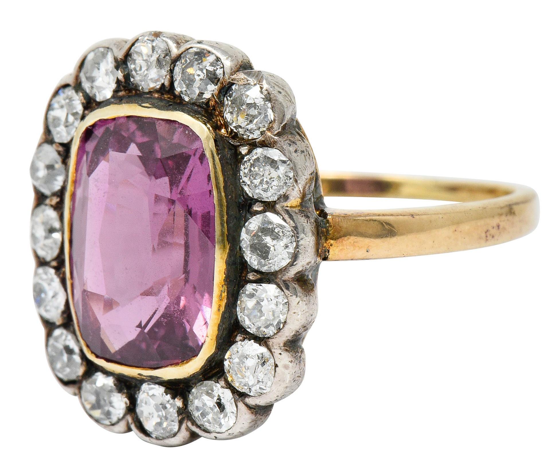 Victorian 4.95 Carat Pink Sapphire Diamond Silver 14 Karat Gold Cluster Ring 1