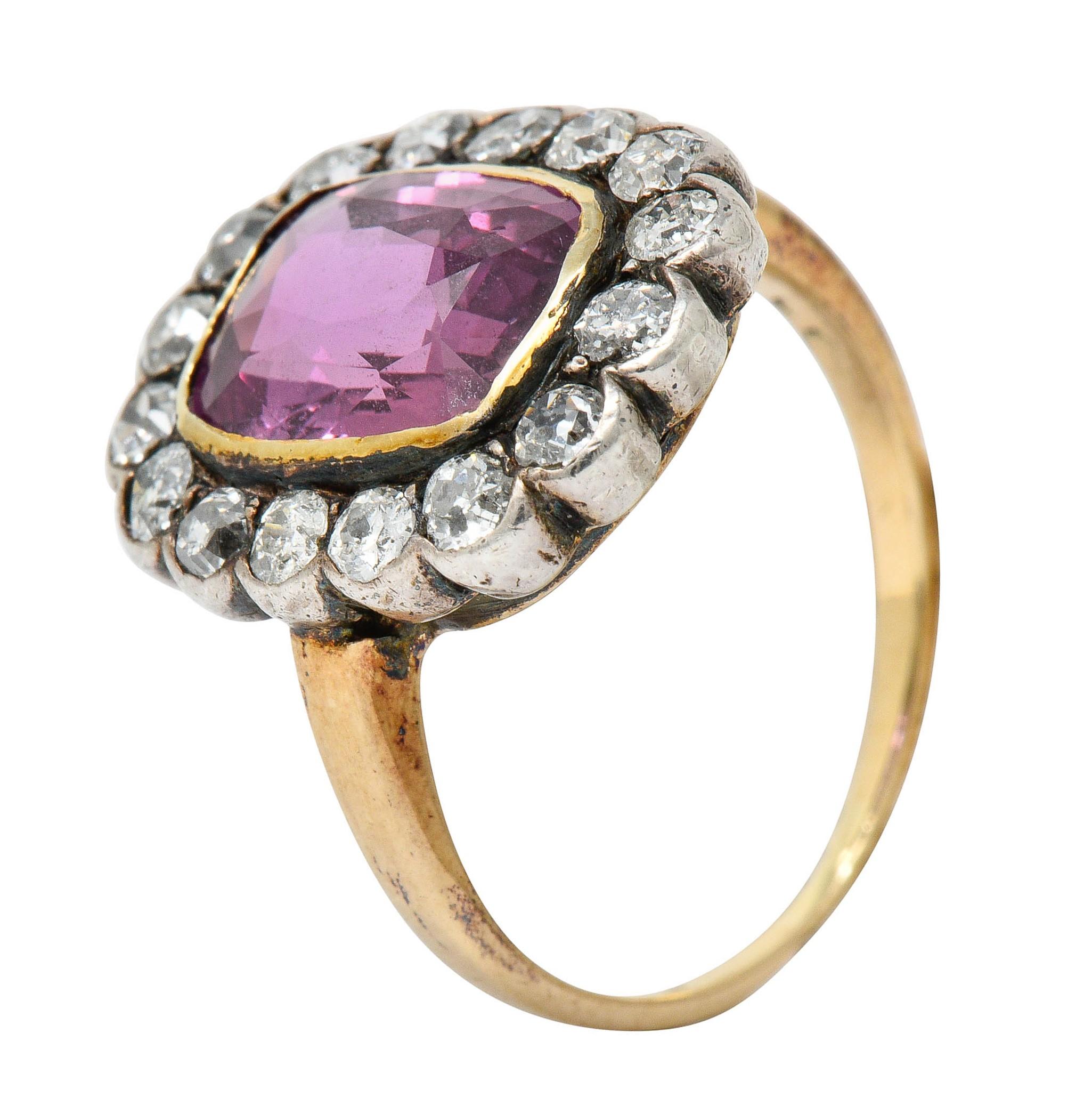 Victorian 4.95 Carat Pink Sapphire Diamond Silver 14 Karat Gold Cluster Ring 3