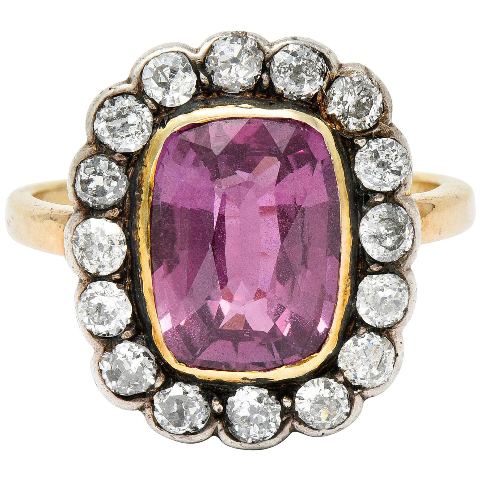 Victorian 4.95 Carat Pink Sapphire Diamond Silver 14 Karat Gold Cluster Ring