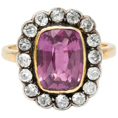 Antique Victorian 4.95 Carat Pink Sapphire Diamond Silver 14 Karat Gold Cluster Ring