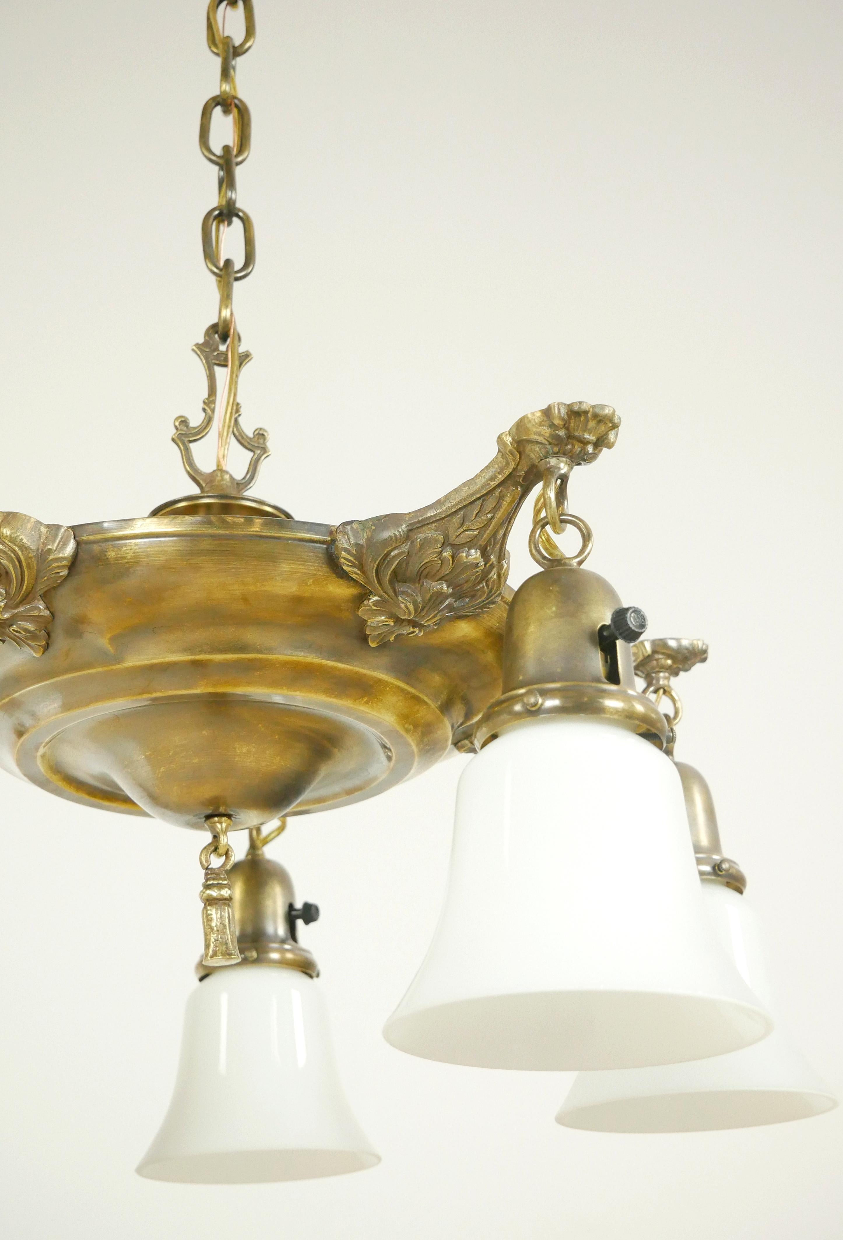 American Victorian 5 Arm White Glass Shade Brass Pan Chandelier Pendant For Sale