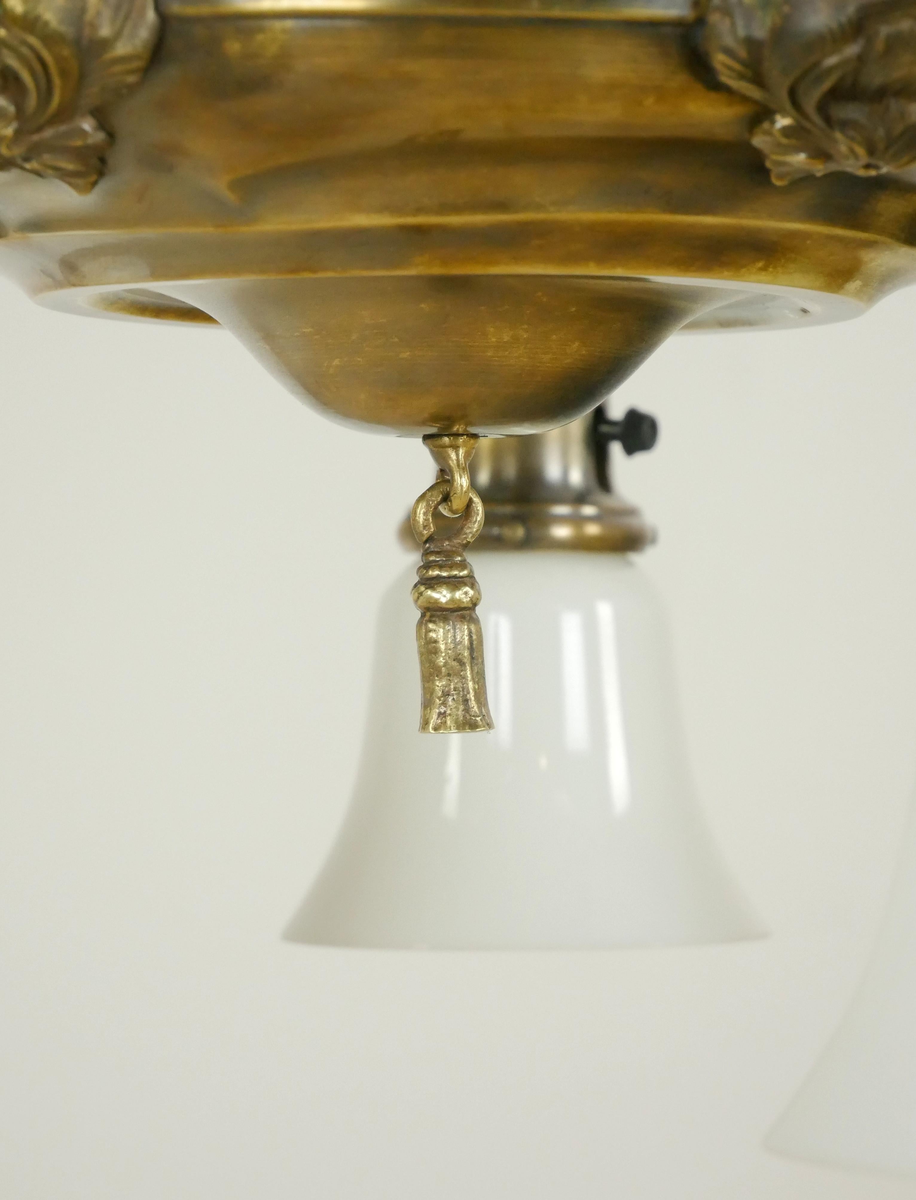 Victorian 5 Arm White Glass Shade Brass Pan Chandelier Pendant In Good Condition For Sale In New York, NY
