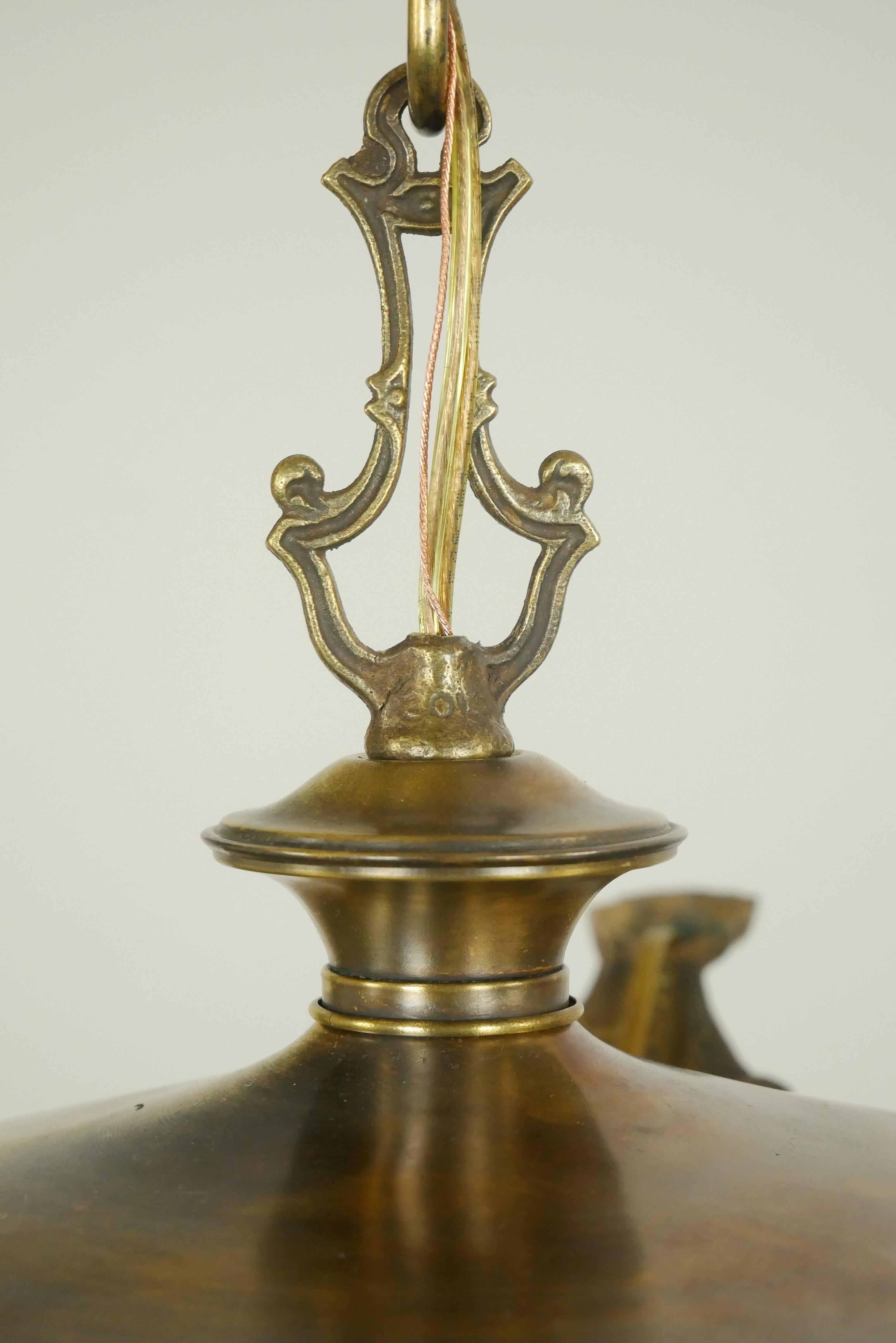 20th Century Victorian 5 Arm White Glass Shade Brass Pan Chandelier Pendant For Sale