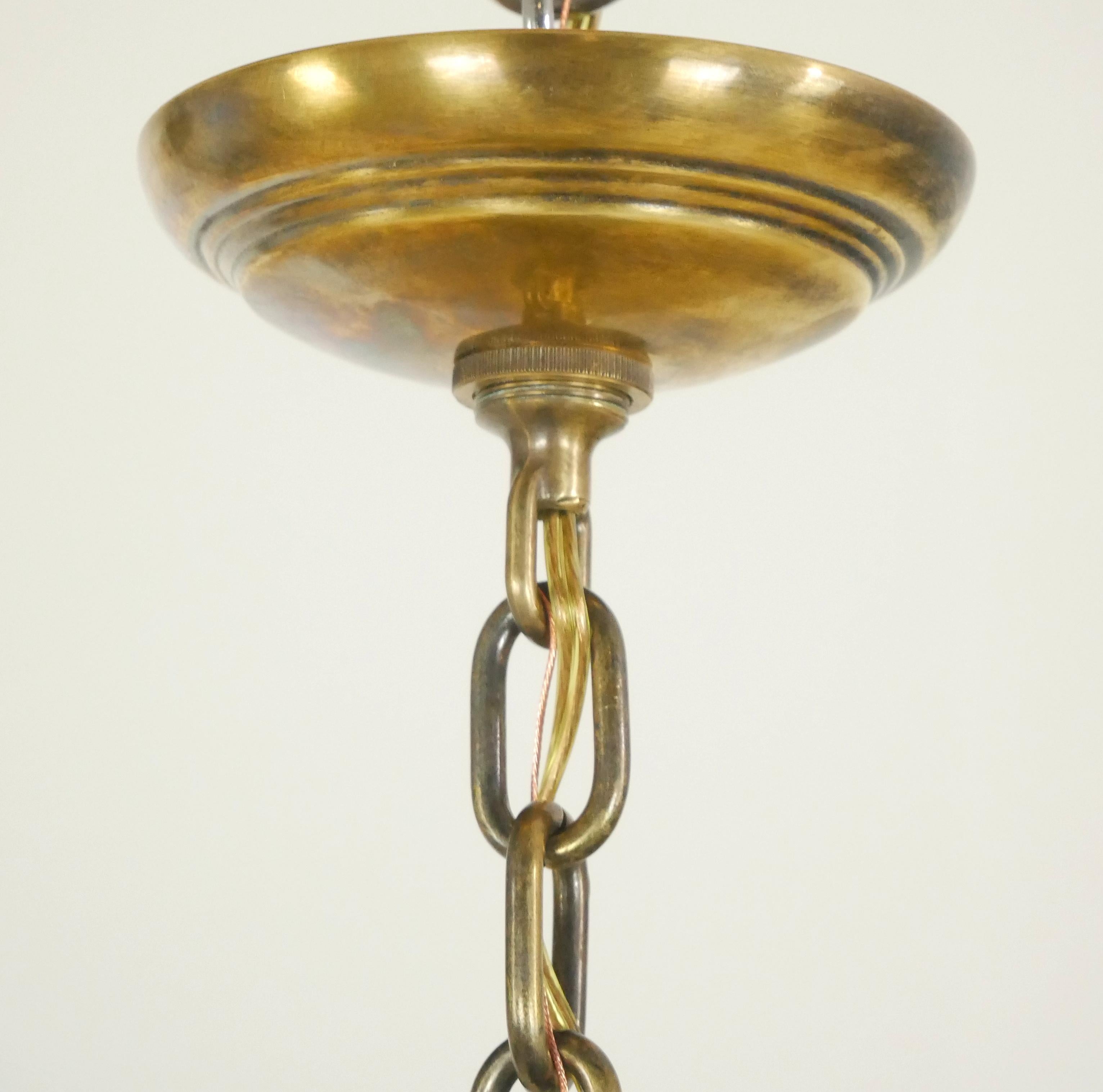 Victorian 5 Arm White Glass Shade Brass Pan Chandelier Pendant For Sale 1