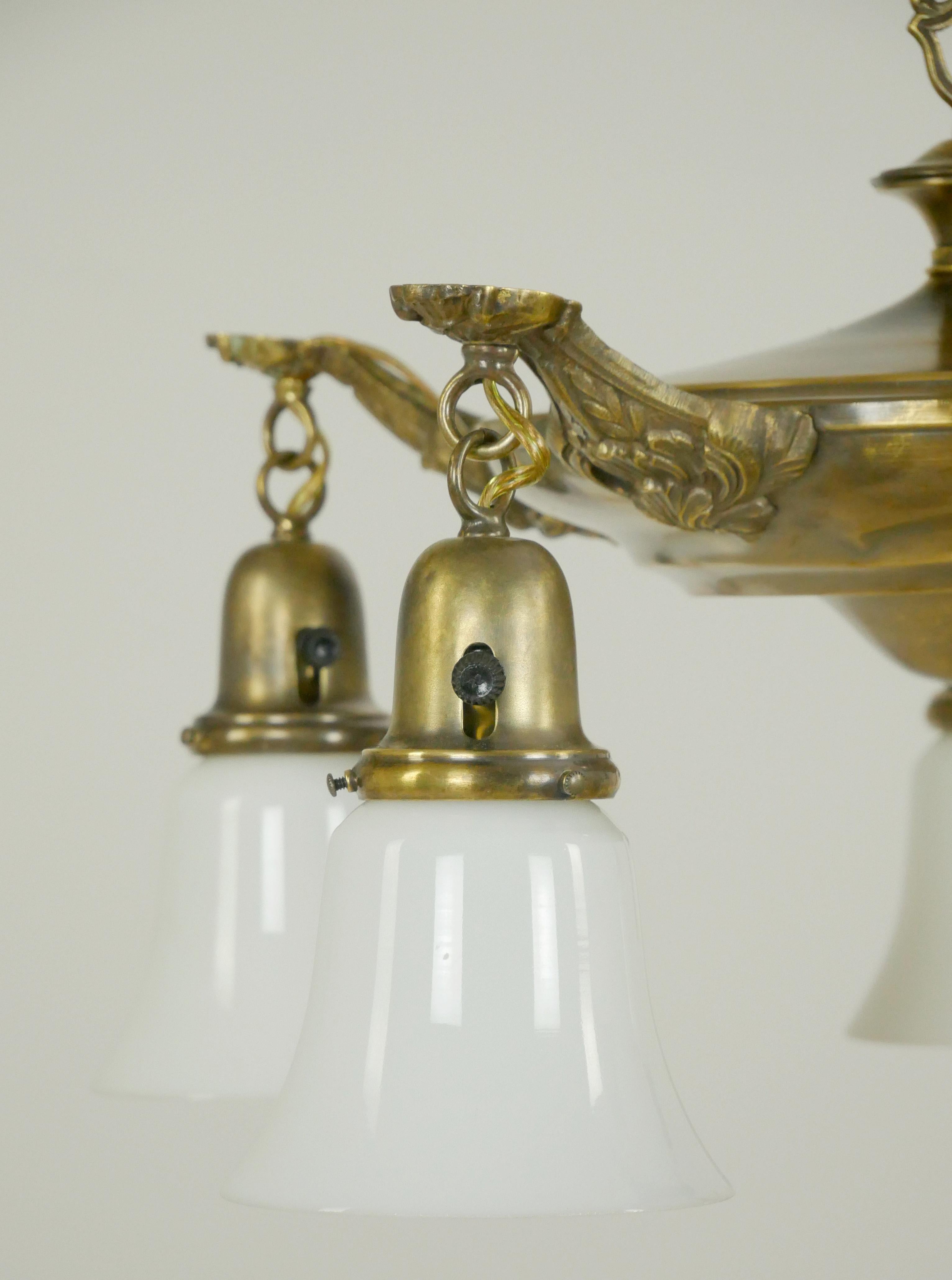 Victorian 5 Arm White Glass Shade Brass Pan Chandelier Pendant For Sale 2
