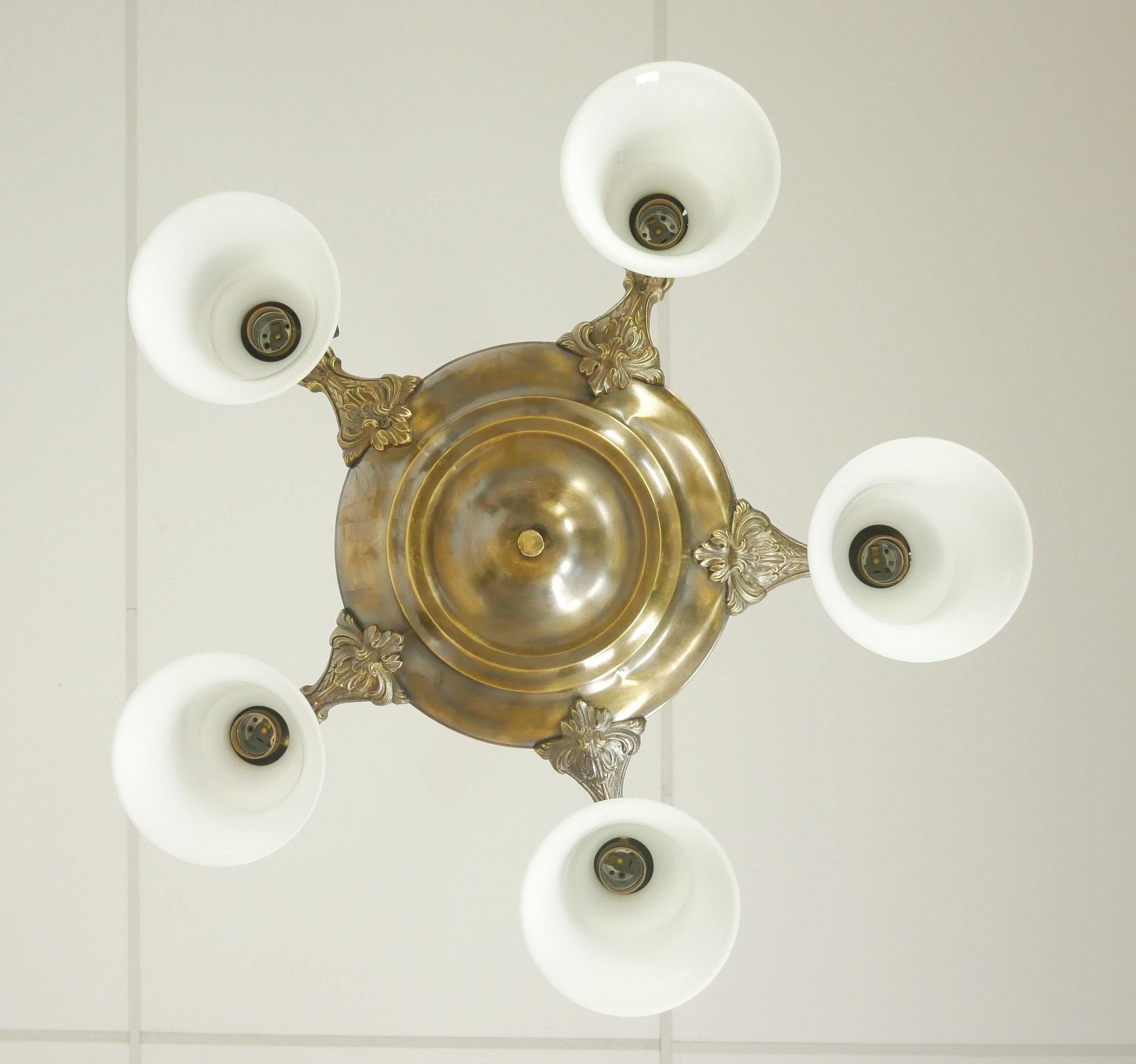 Victorian 5 Arm White Glass Shade Brass Pan Chandelier Pendant For Sale 4
