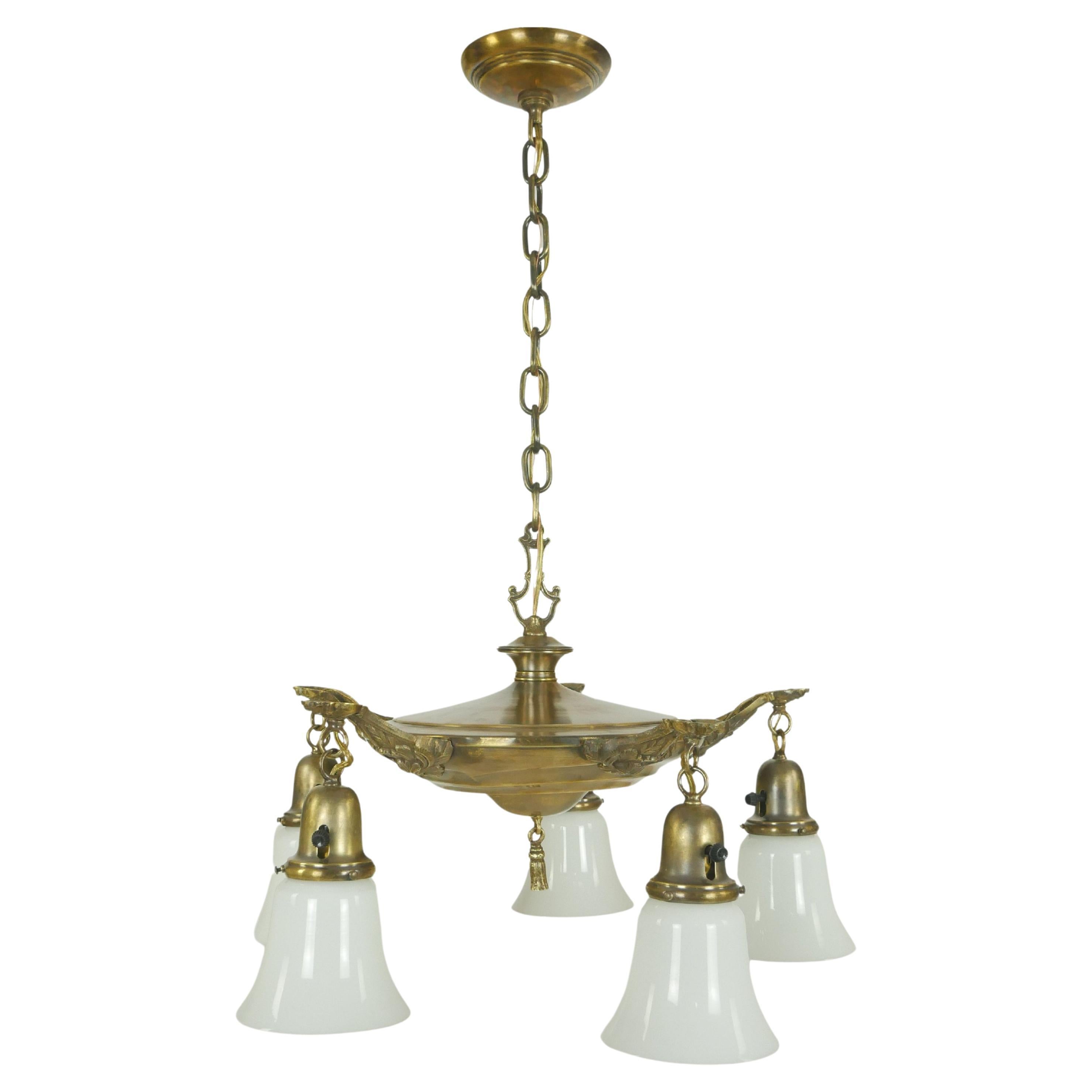 Victorian 5 Arm White Glass Shade Brass Pan Chandelier Pendant
