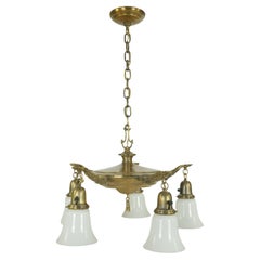 Victorian 5 Arm White Glass Shade Brass Pan Chandelier Pendant