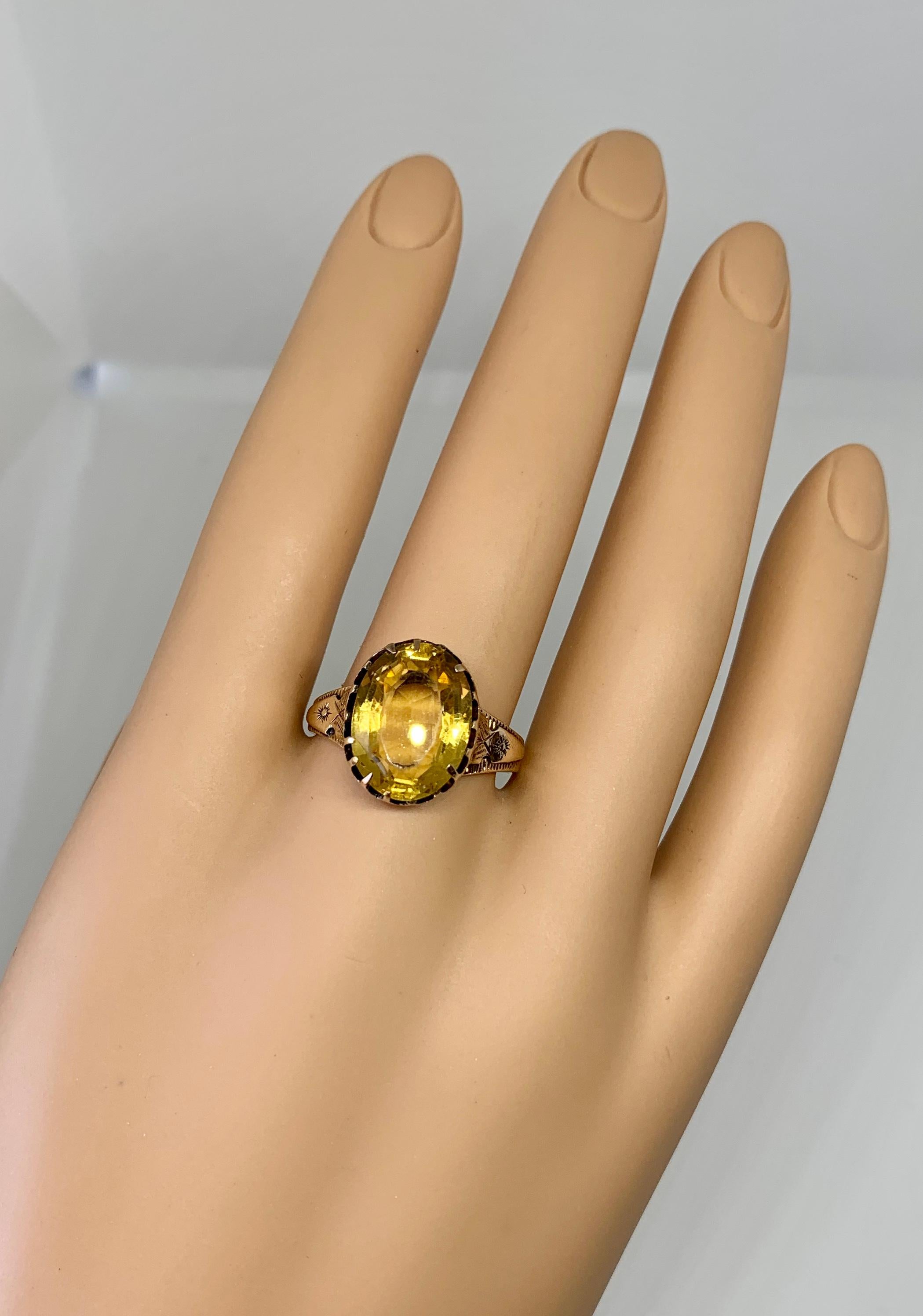 Oval Cut Victorian 5 Carat Citrine Ring Gold Antique Belle Epoque Engraved, 1850 For Sale