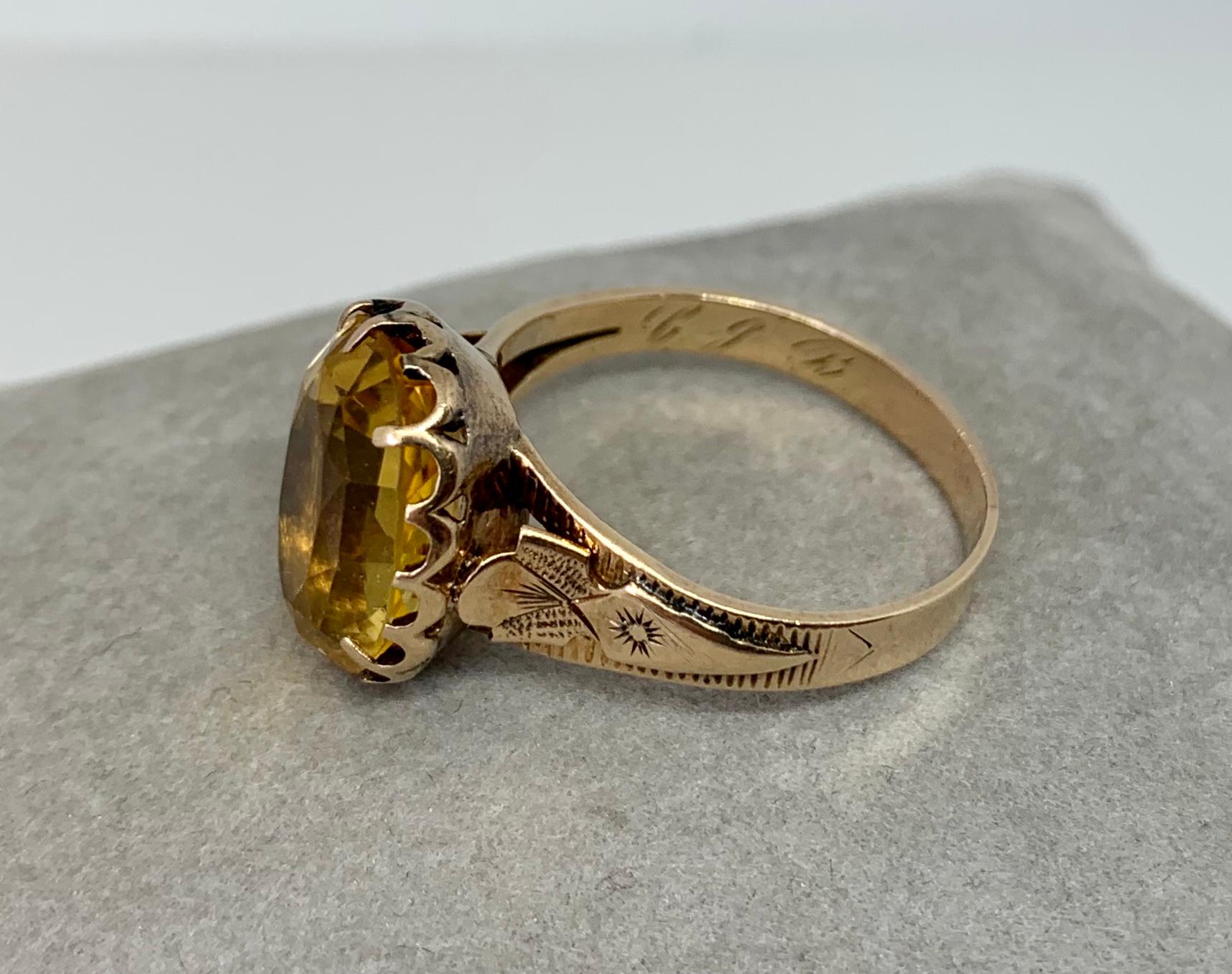 Women's Victorian 5 Carat Citrine Ring Gold Antique Belle Epoque Engraved, 1850 For Sale