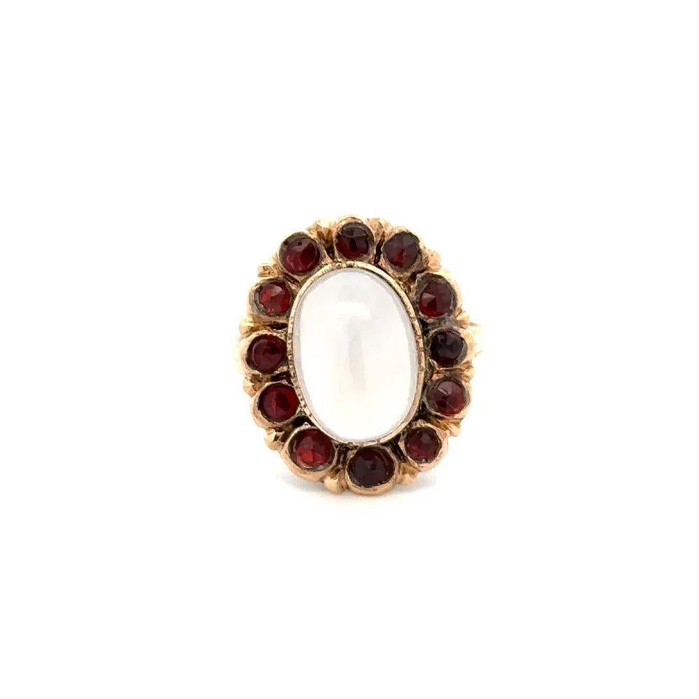 Early Victorian Victorian 5 Carat White Moonstone and Garnet Gold Cocktail Ring For Sale