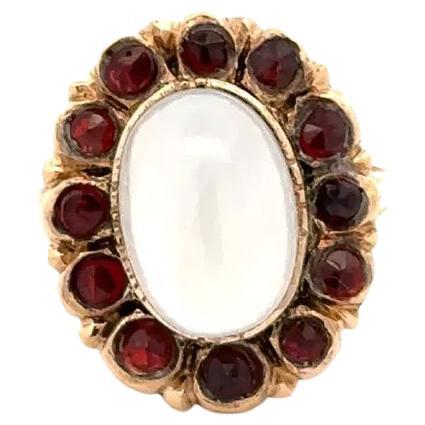 Victorian 5 Carat White Moonstone and Garnet Gold Cocktail Ring For Sale