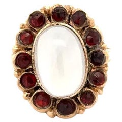 Victorian 5 Carat White Moonstone and Garnet Gold Cocktail Ring