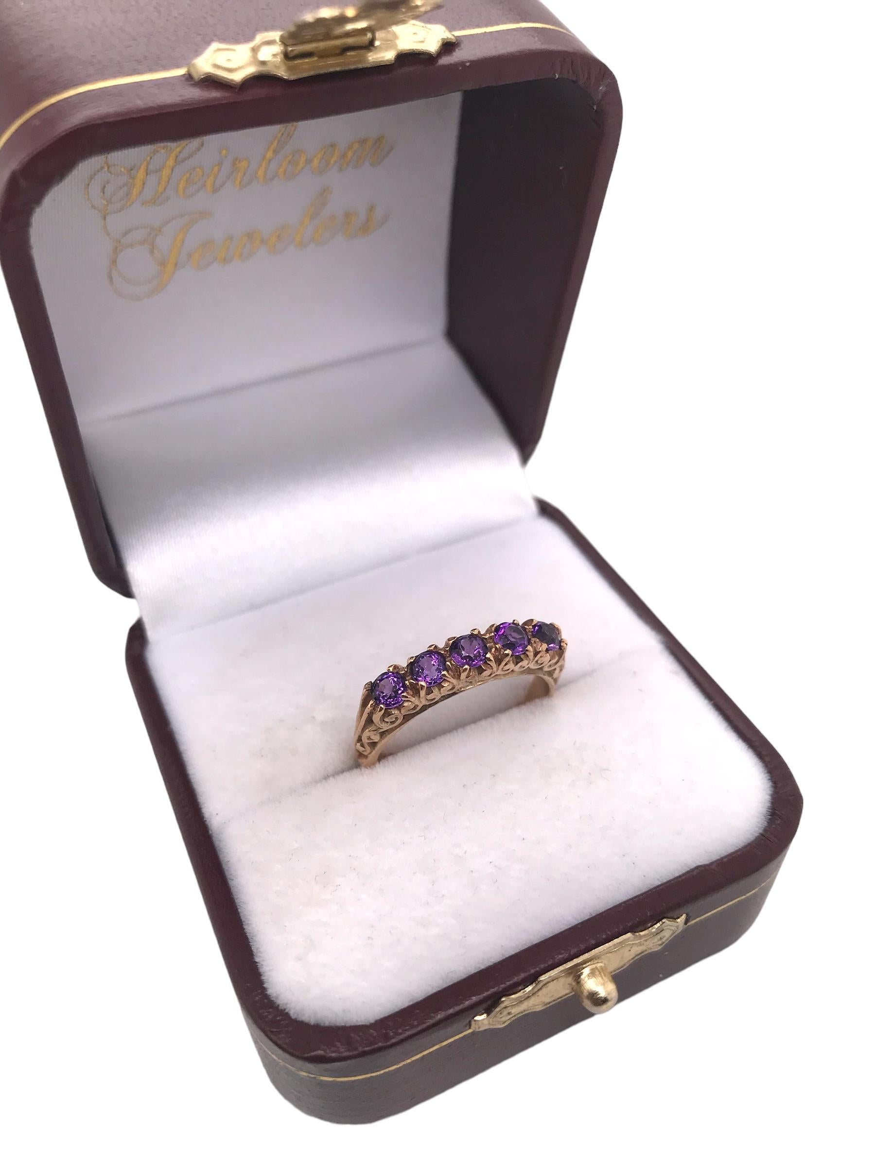 Victorian 5 Stone Amethyst Band 9K Rose Gold For Sale 2