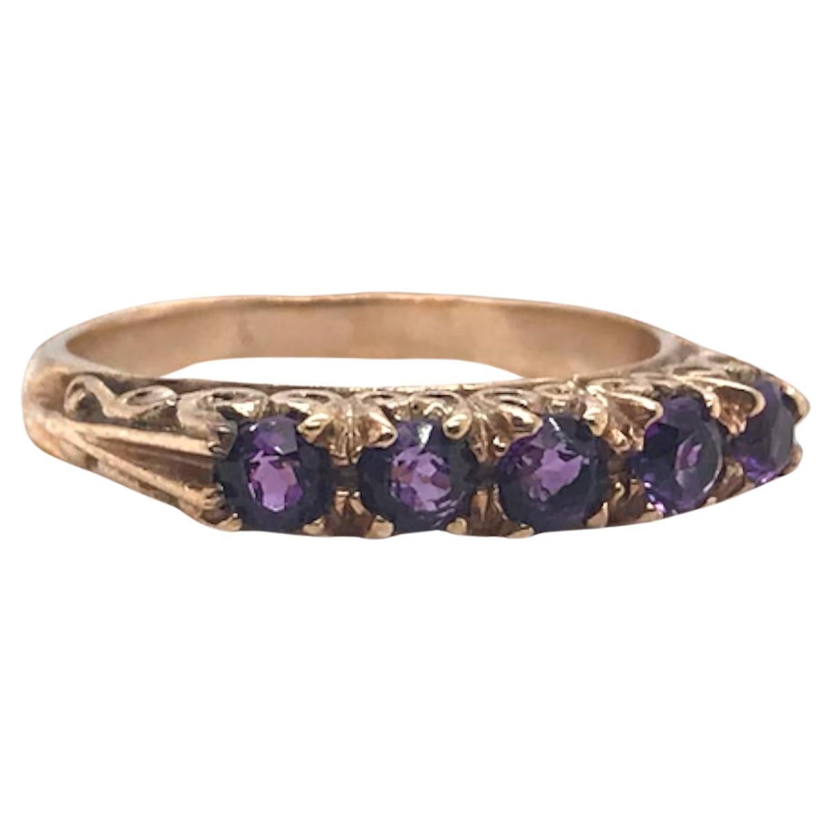Victorian 5 Stone Amethyst Band 9K Rose Gold For Sale