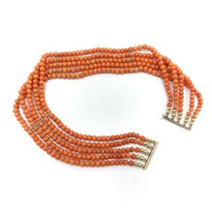 Victorian 5 Strand Coral Choker with 10K Gold Bars & Clasp, circa 1890