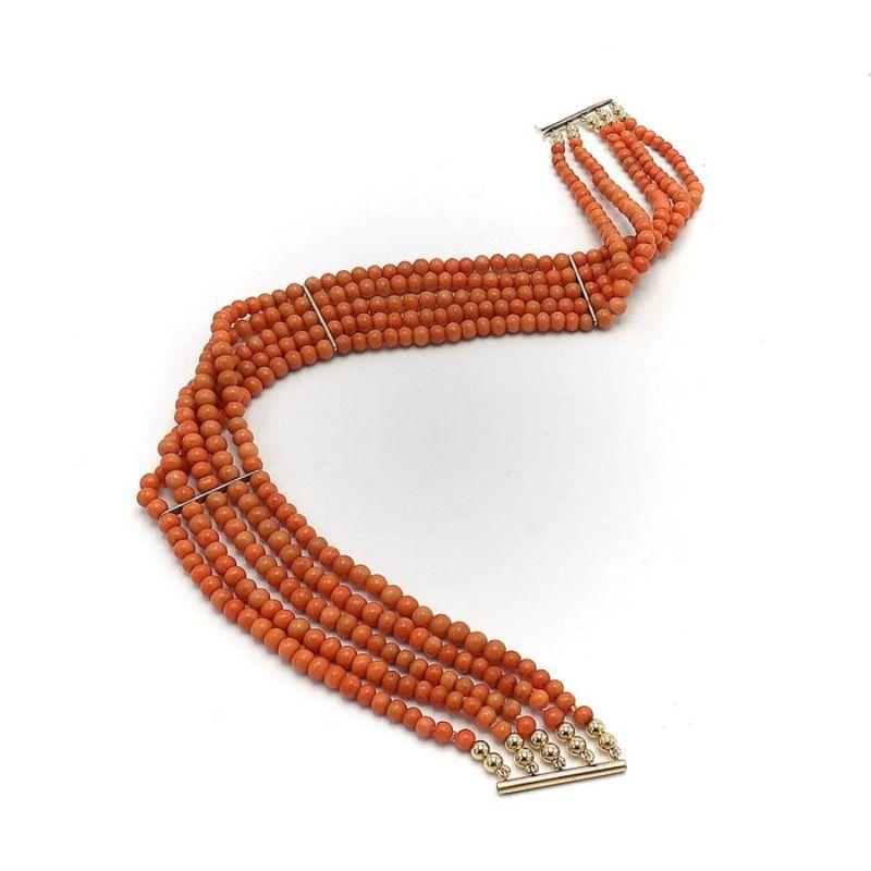 Bead Victorian 5 Strand Coral Choker with 10K Gold Bars & Clasp, circa 1890 For Sale