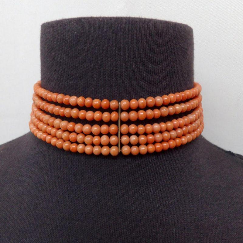 Women's or Men's Victorian 5 Strand Coral Choker with 10K Gold Bars & Clasp, circa 1890 For Sale