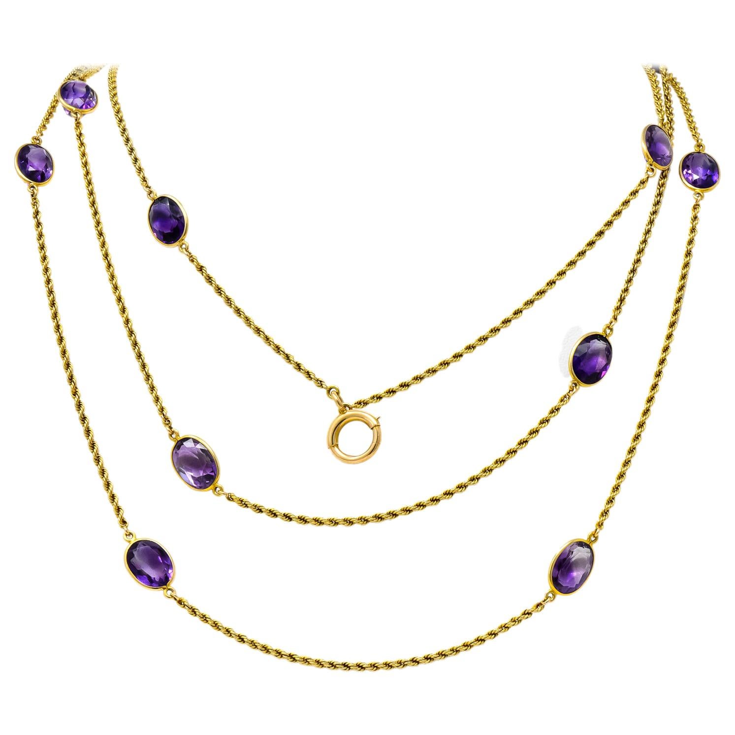 Victorian 50.00 Carat Amethyst 14 Karat Gold Long Chain Necklace