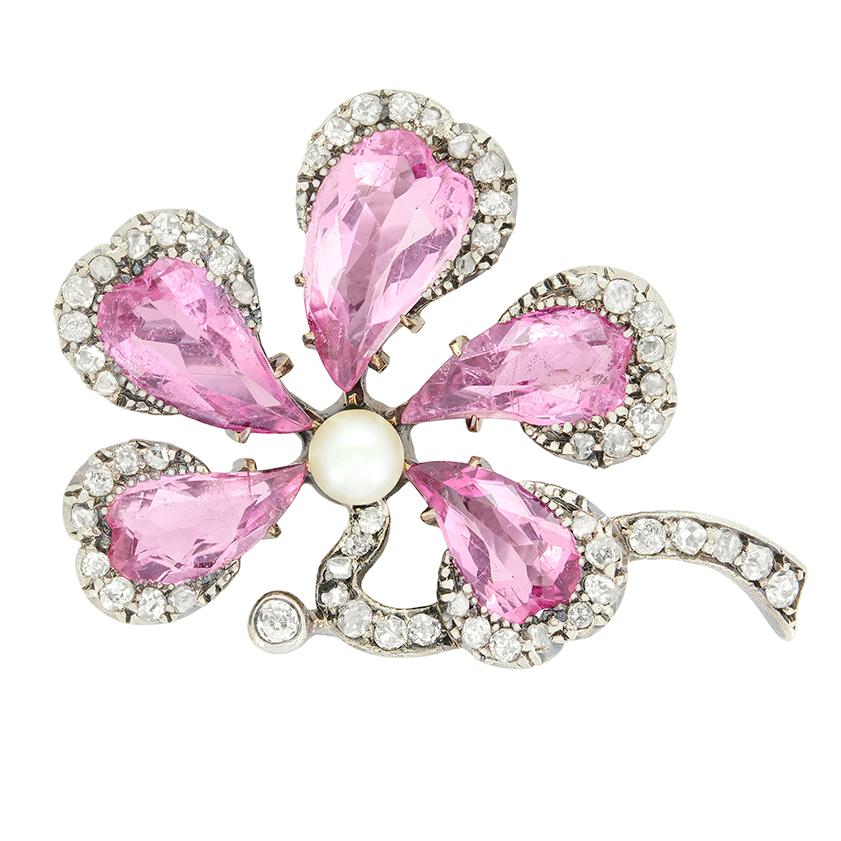 Viktorianische Brosche mit 5,00 Karat rosa Saphir und Diamant, ca. 1880er Jahre (Cabochon) im Angebot