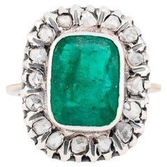 Antique Victorian 5.10 Carat Emerald & Rose Cut Diamond Ring in 14 Karat Yellow Gold