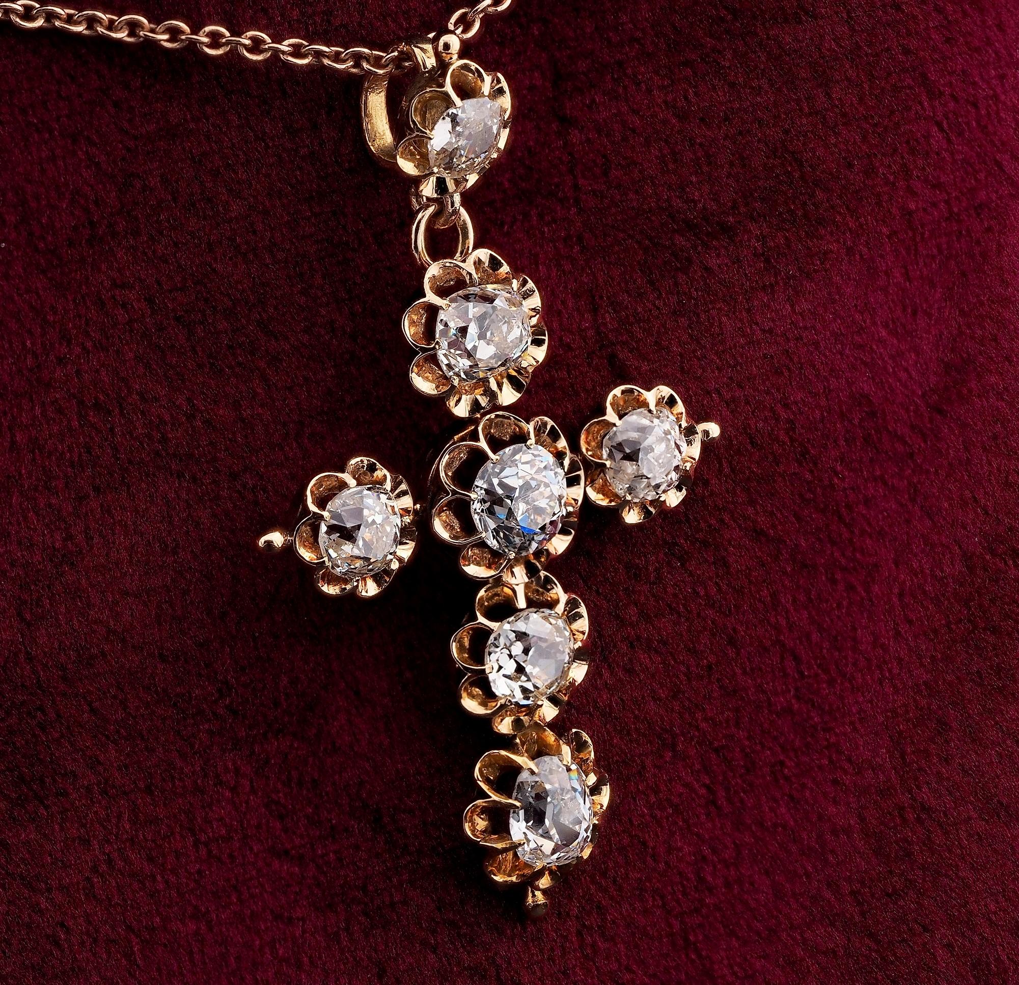 Old Mine Cut Victorian 5.10 Ct Old Mine Diamonds Rare Religious Cross 18 KT For Sale