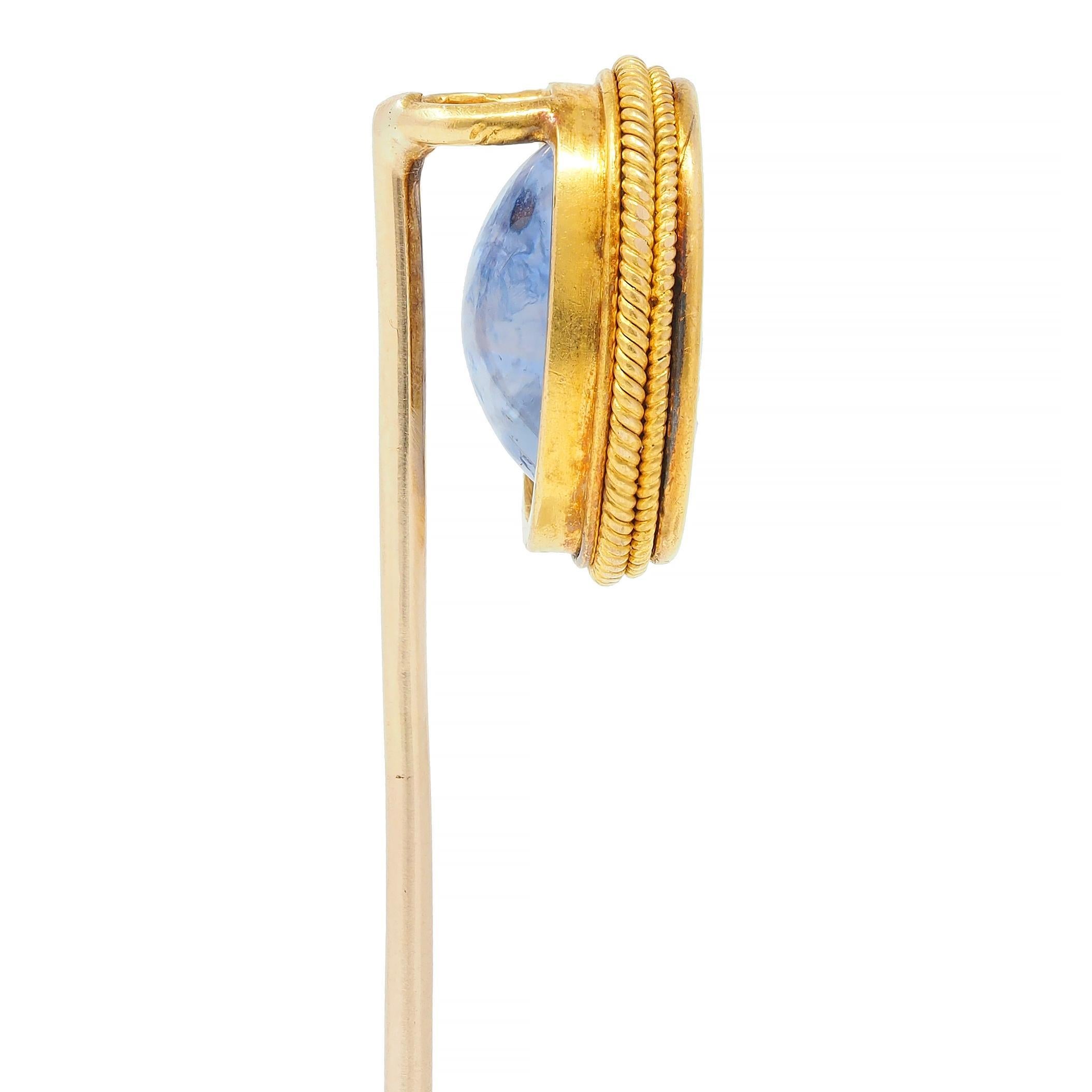 Oval Cut Victorian 5.18 CTW Sapphire 18 Karat Yellow Gold Herme Intaglio Antique Stickpin For Sale