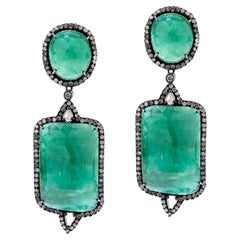 Victorian 52.34 Carat T.W Emerald & Diamond Dangle Earrings in 18k Gold, Silver