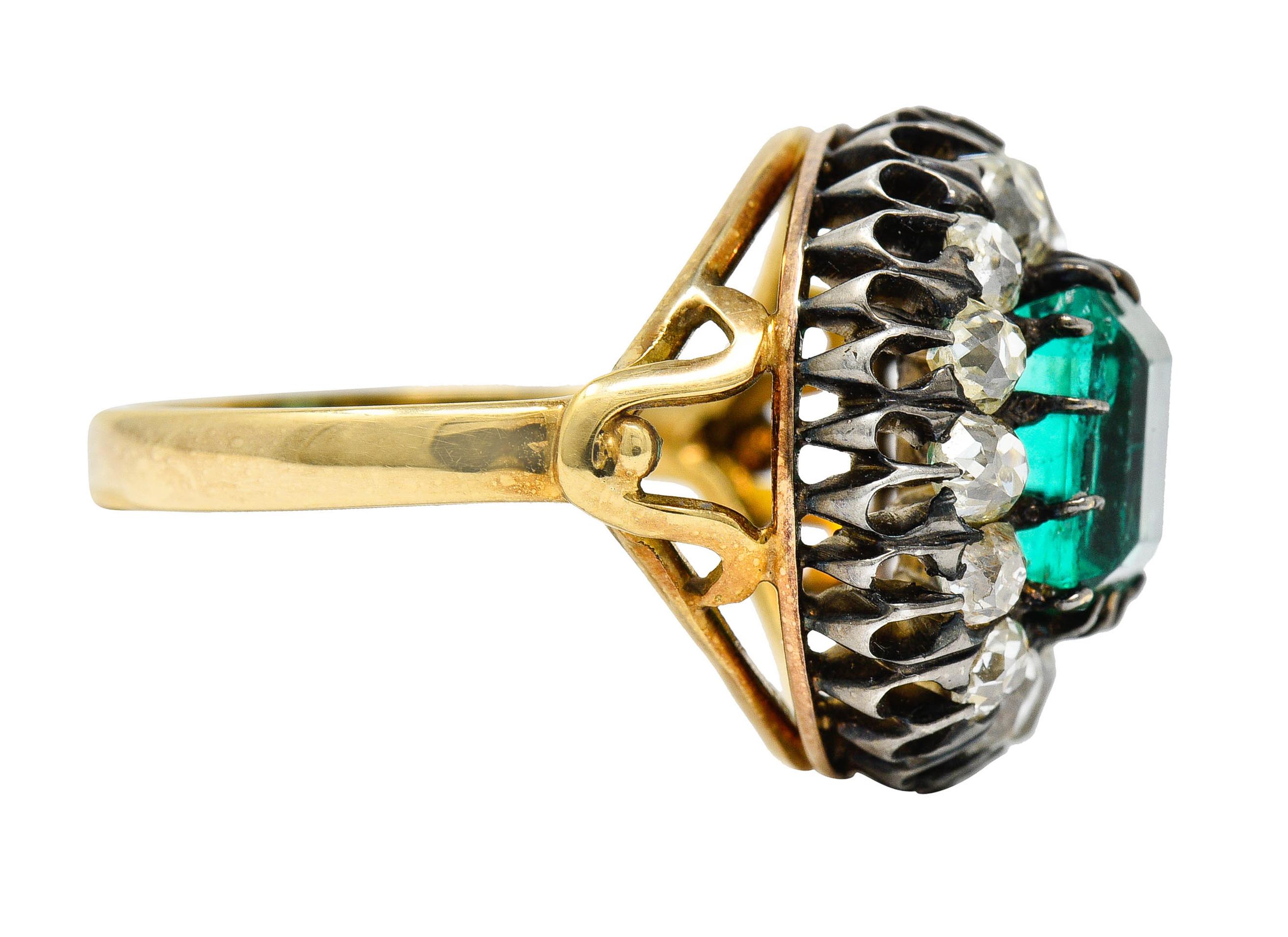 Emerald Cut Victorian 5.25 Carats Emerald Diamond Silver-Topped 18 Karat Gold Cluster Ring