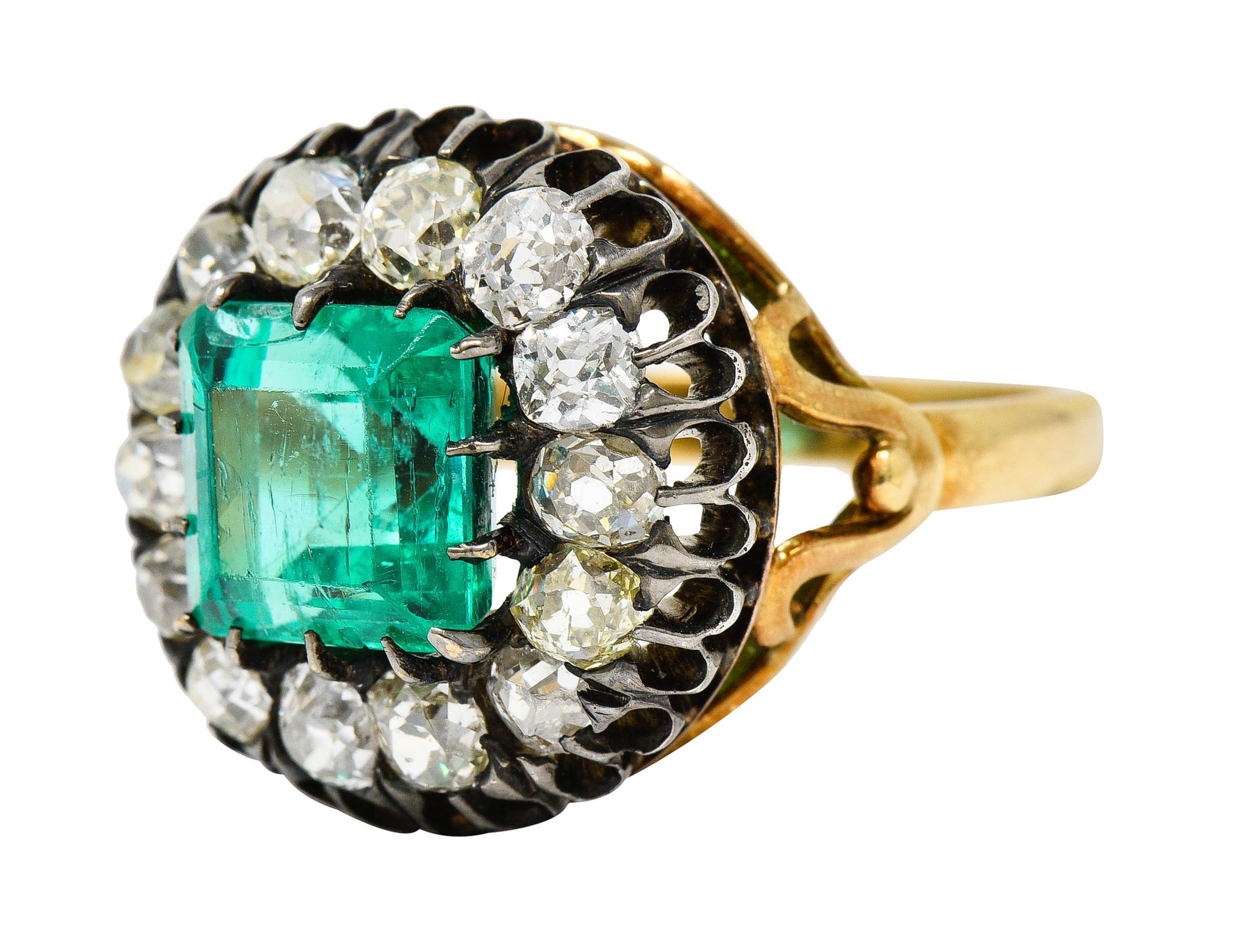 Victorian 5.25 Carats Emerald Diamond Silver-Topped 18 Karat Gold Cluster Ring 1