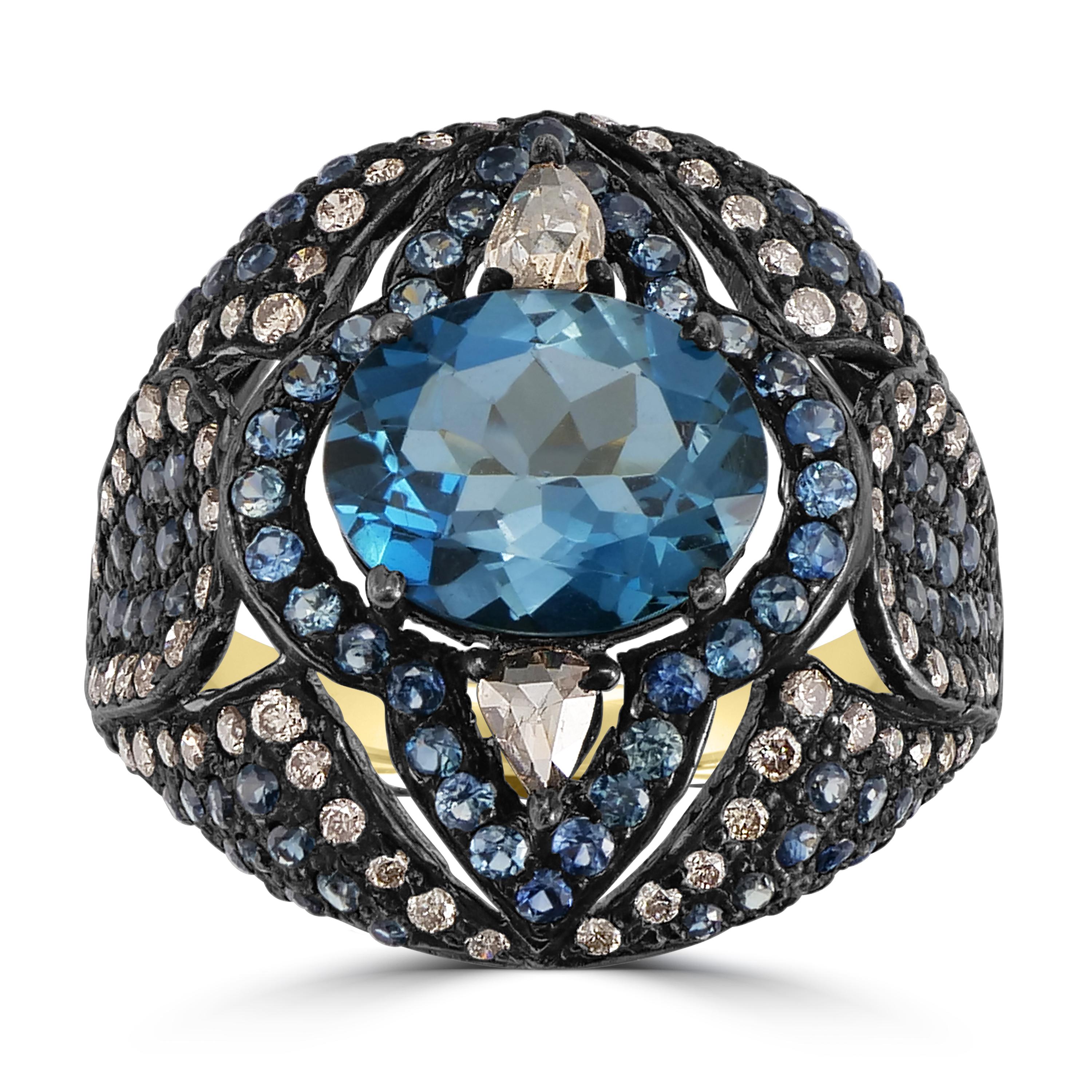 Victorian 5.3 Cttw. London Blue Topaz, Sapphire and Diamond Open Work Dome Ring In New Condition For Sale In New York, NY