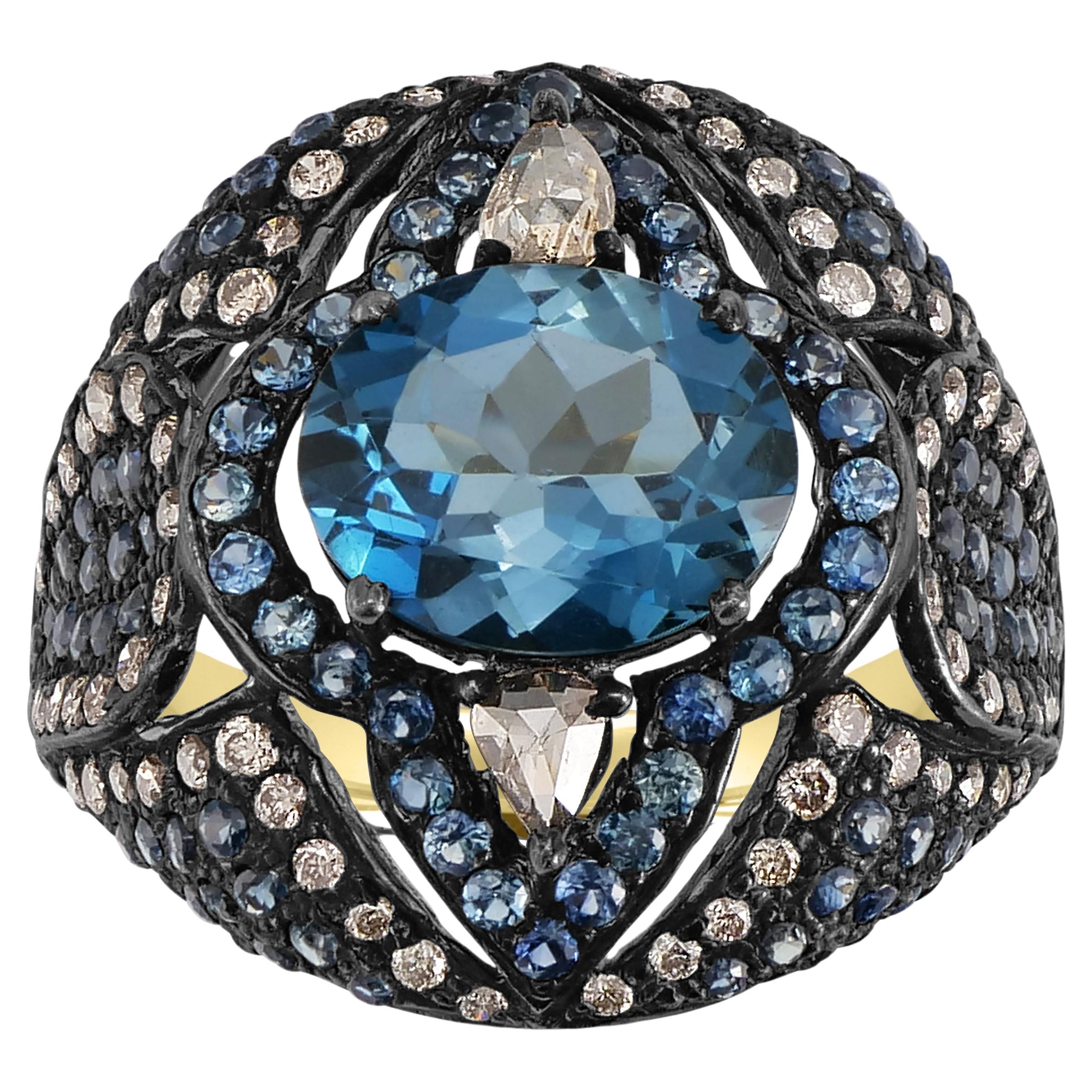 Victorian 5.3 Cttw. London Blue Topaz, Sapphire and Diamond Open Work Dome Ring For Sale