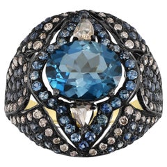 Viktorianisch 5.3 Cttw. Londoner Blautopas, Saphir und Diamant durchbrochener Dome-Ring