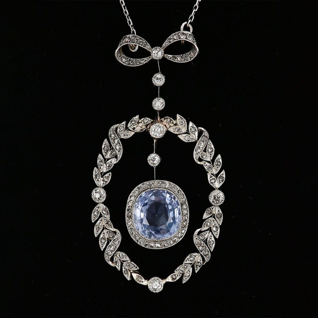Belle Époque Victorian 5.35ct No Treatment Cushion Cut Ceylon Sapphire and Diamond Pendant